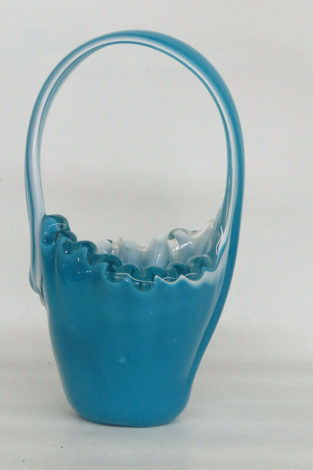 Art Glass Turquoise and White Basket Vase Murano Style 2355B