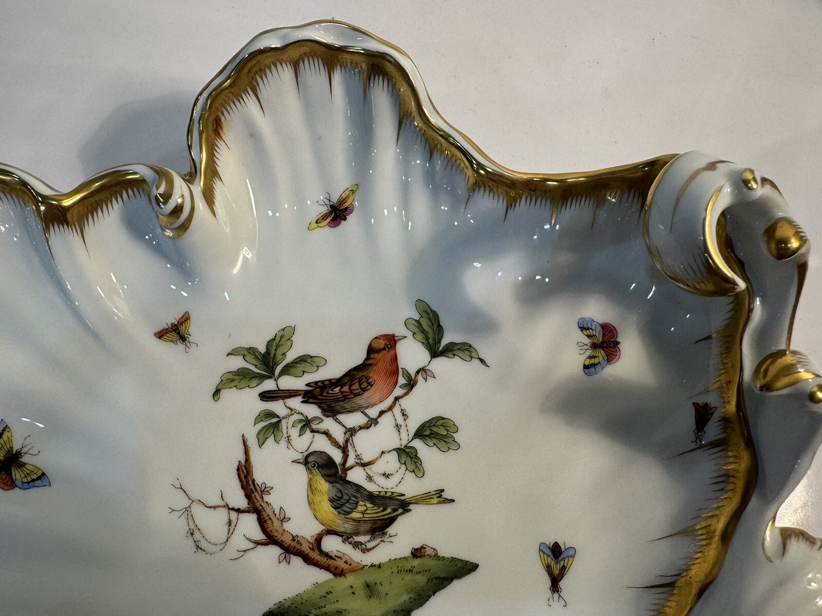 VERY RARE Large 12” X 10” Herend Rothschild Bird Scalloped Shell Dish Bowl