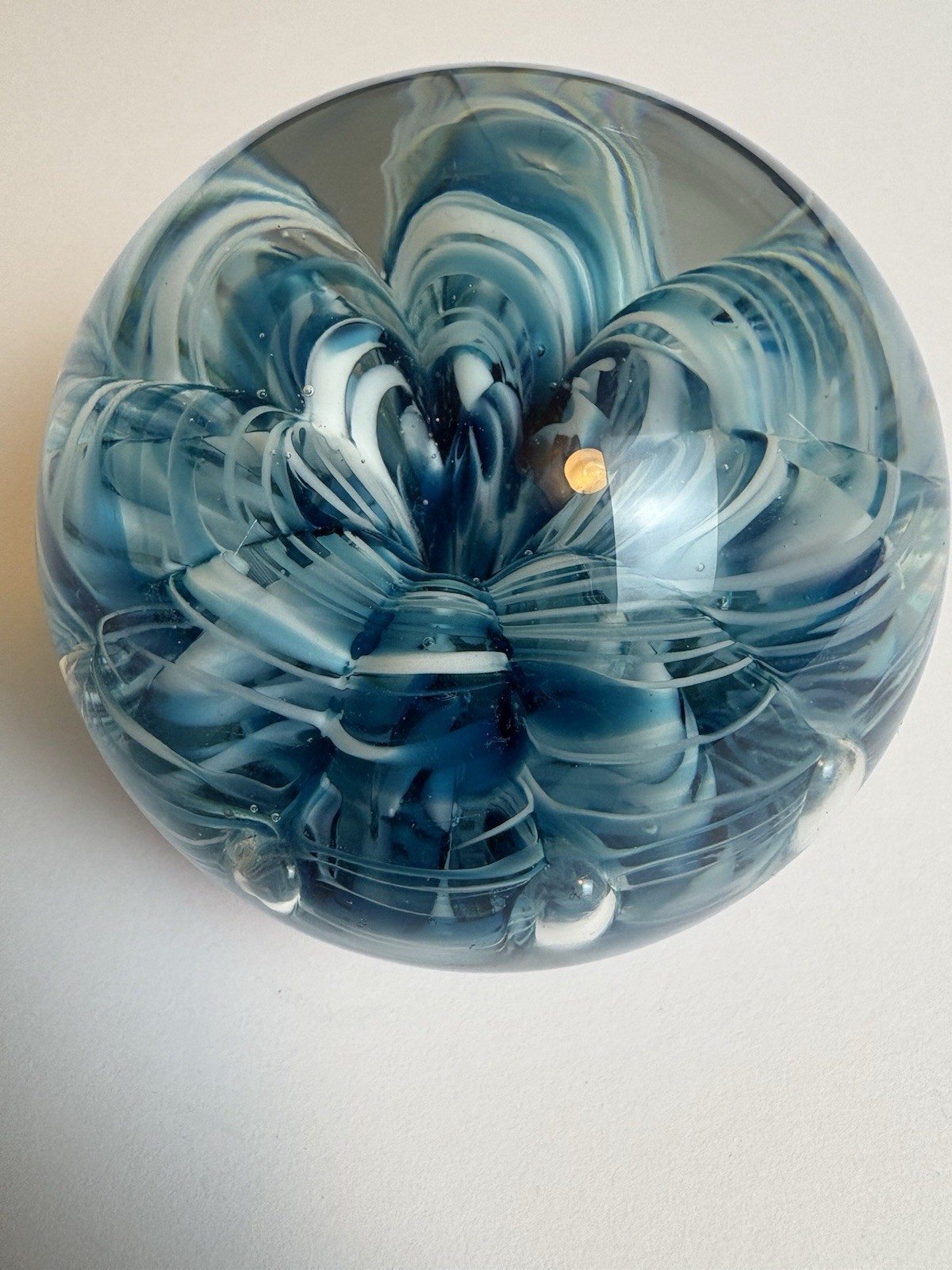 Hand Blown Art Glass Paperweight Blue Swirl Controlled Bubble Orb RARE FIND