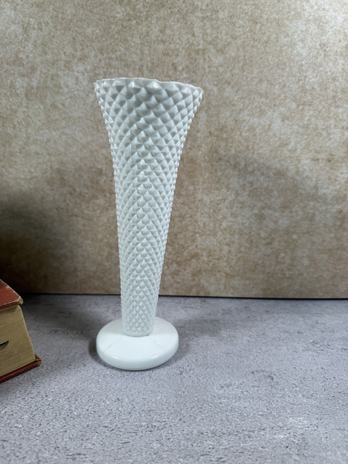 Vintage White Milk Glass Hobnail Bud Vase Footed 8” Diamond Pattern