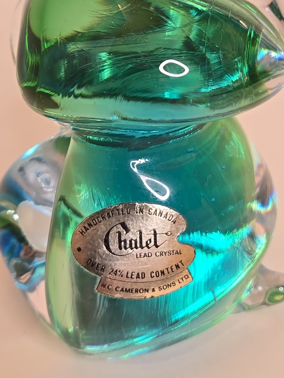 Vintage Chalet Art Glass Owl Figurine Blue Green Hand Blown Canada Rare