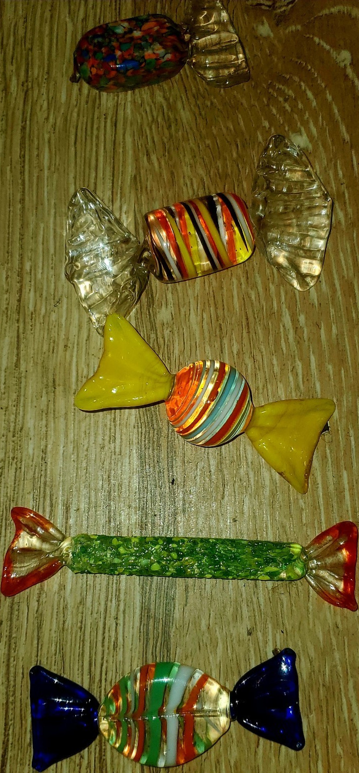 Set of 5 Handmade Multicolor Decorative Art Glass Blown Candy (1 Broken)
