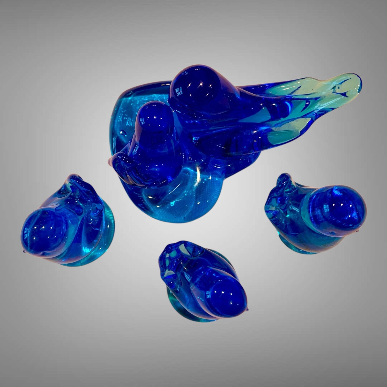 Lot Of 4Signed Leo Ward Blue Glass Blue Birds of Happiness 1989, 1991, 1993,1996