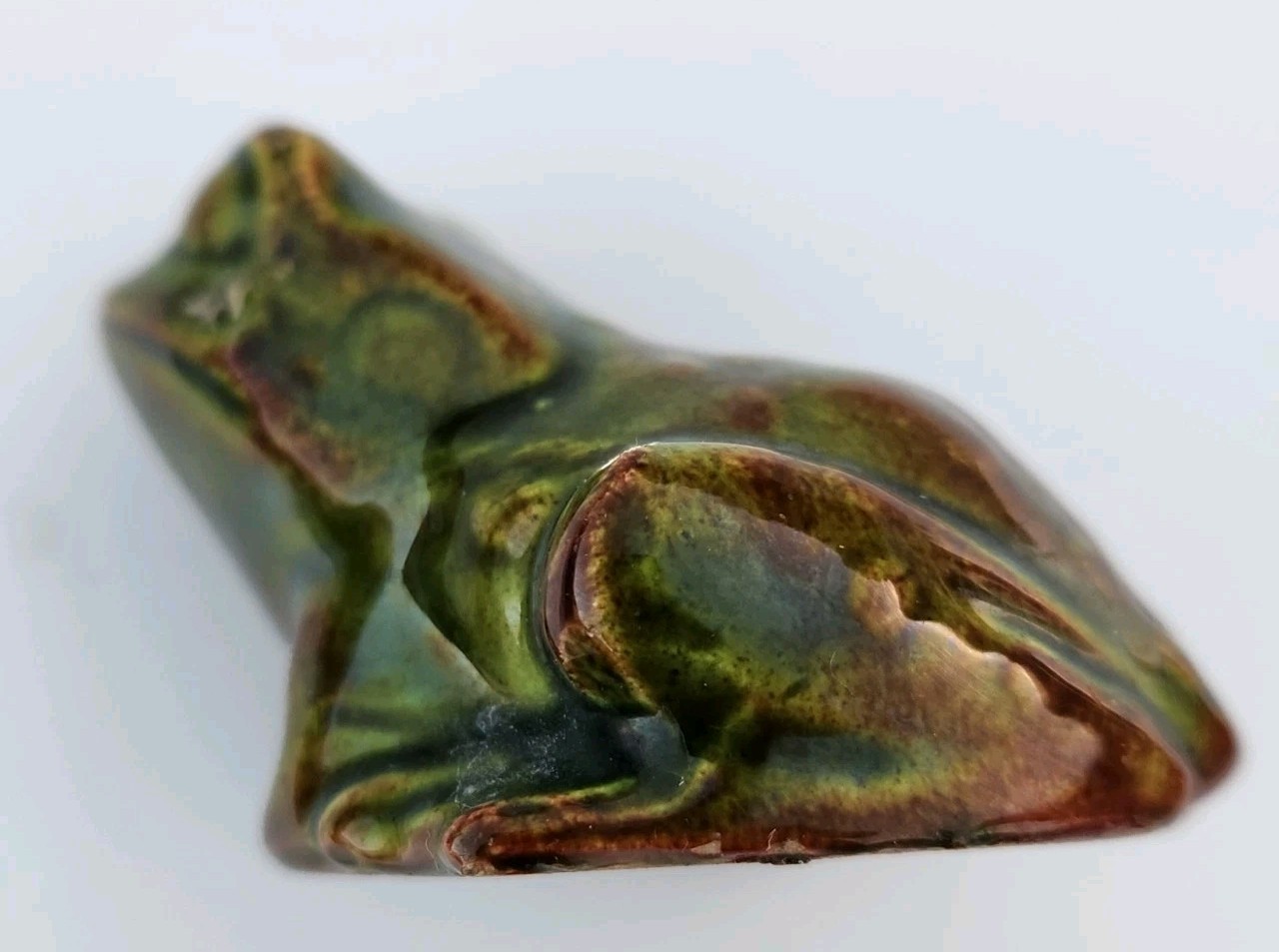 Vintage Pottery Frog Toad Brown & Green Drip Glazed White Clay Figurine