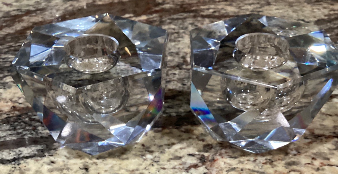 TWO(2) ROSENTHAL GERMANY CLEAR FACET CUT CRYSTAL CANDLE TAPER HOLDERS 1 3/4”T