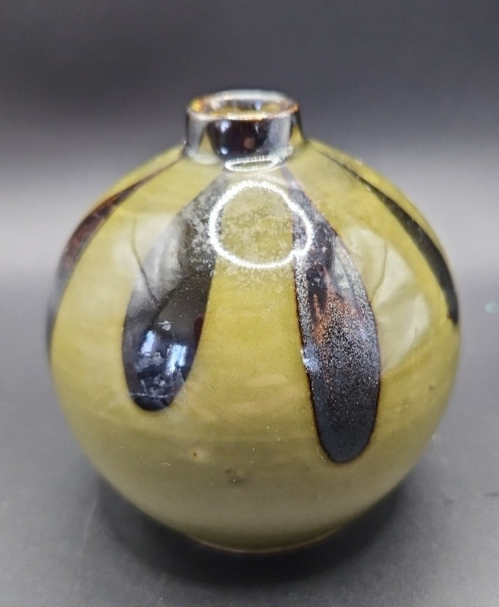 Small Vintage Ball Bud Vase Natural Green Metallic Glaze Mid Century Japanese