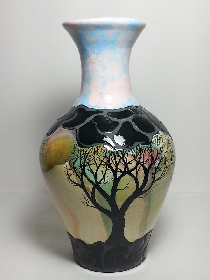 VINTAGE ORIGINAL ABSTRACT CERAMIC VASE SIGNED by ROGER,TREE SILHOUETTES 8″ TALL