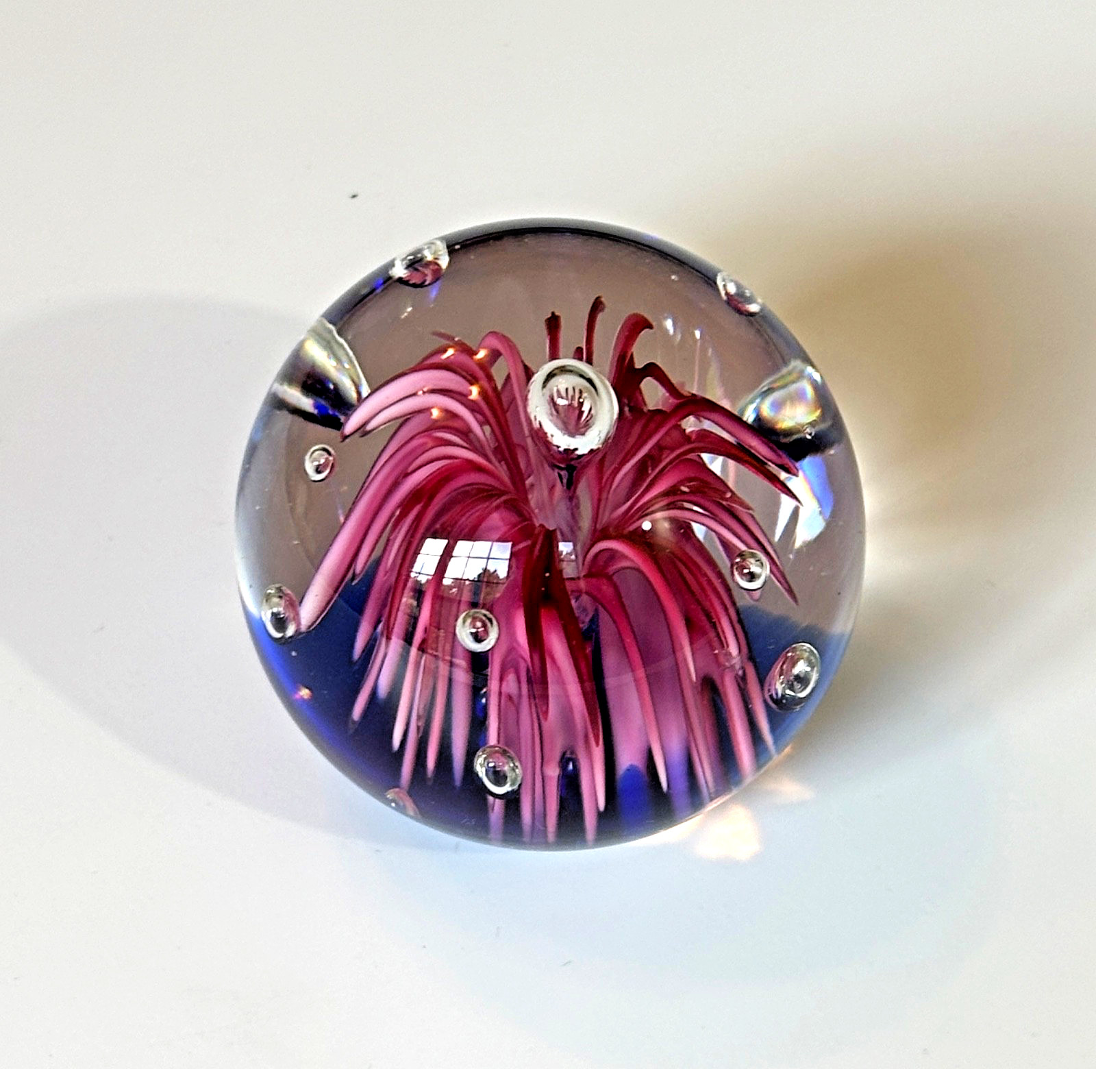 Dynasty Gallery Art Glass Paperweight Blue Pink Flower Bullicante Bubbles 2.25″