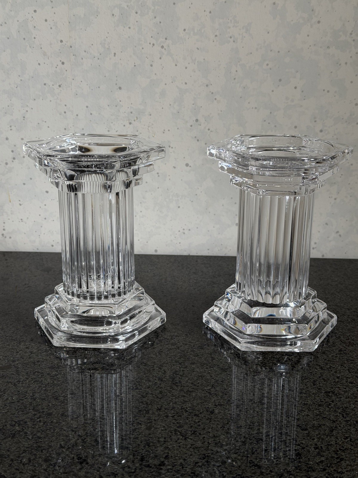 Vintage Marquis by Waterford Crystal Pillar Triumphe Candle Holder Pair 6”