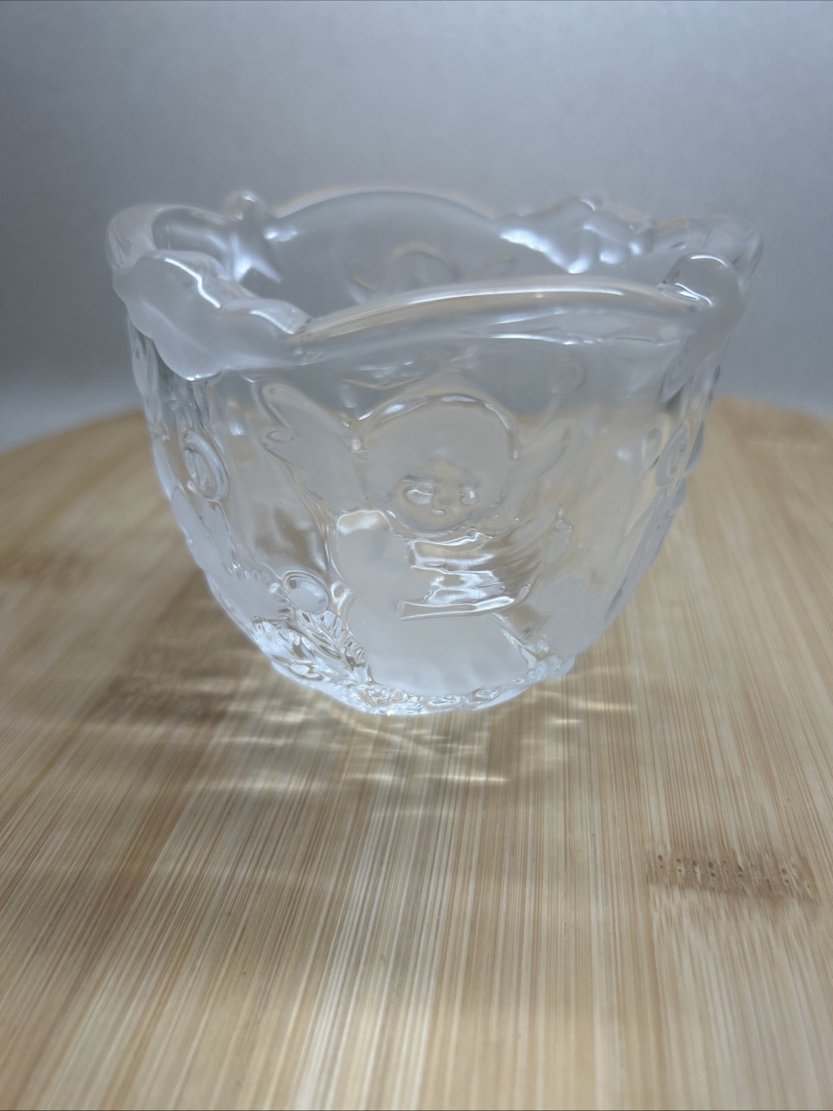 Mikasa “Holiday Lights” 3” Bowl/ Candle Holder, Angels Frosted Clear Glass Vntg