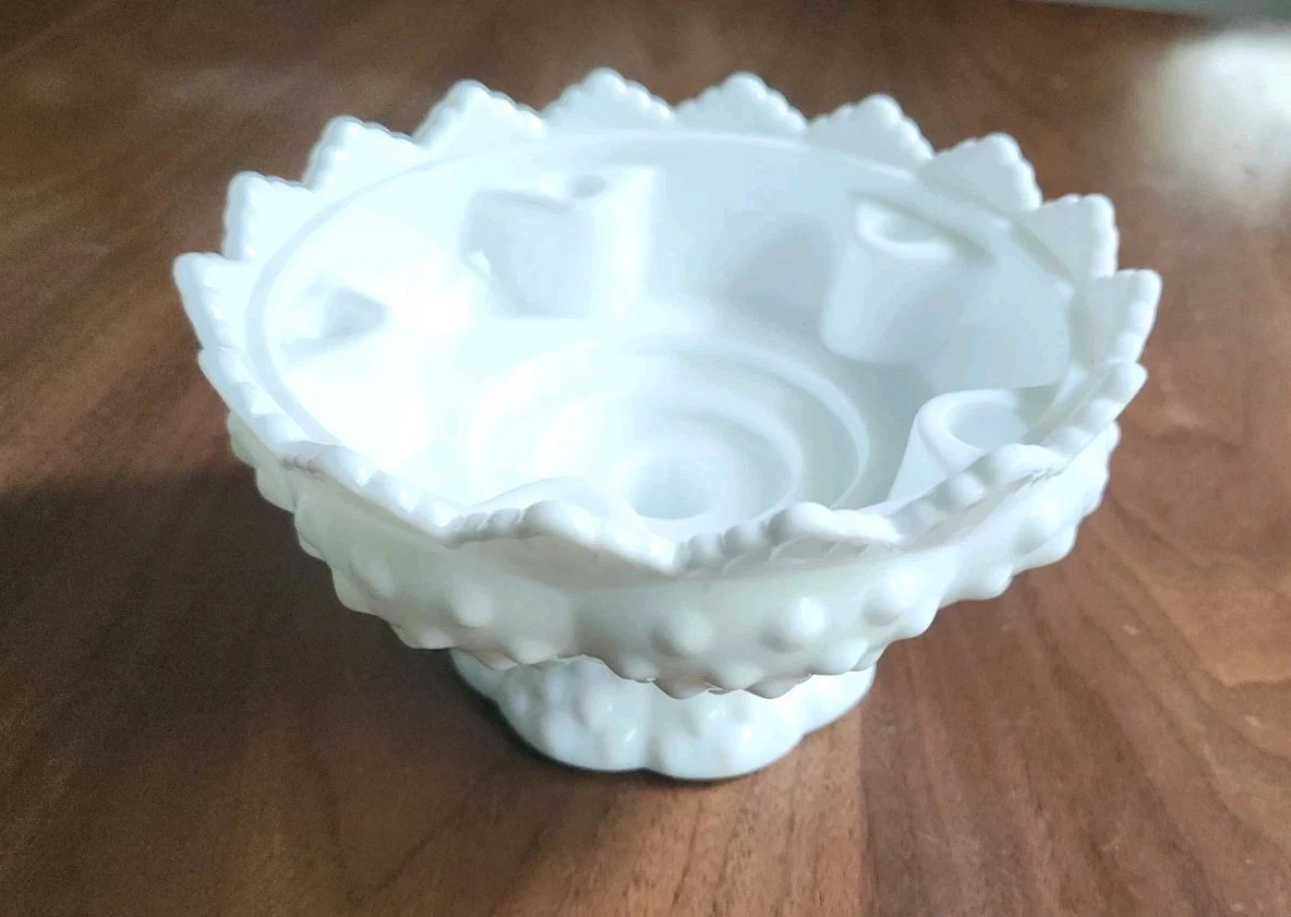 Fenton White Milk Glass Sawtooth Hobnail Round Candle Holder Centerpiece Bowl