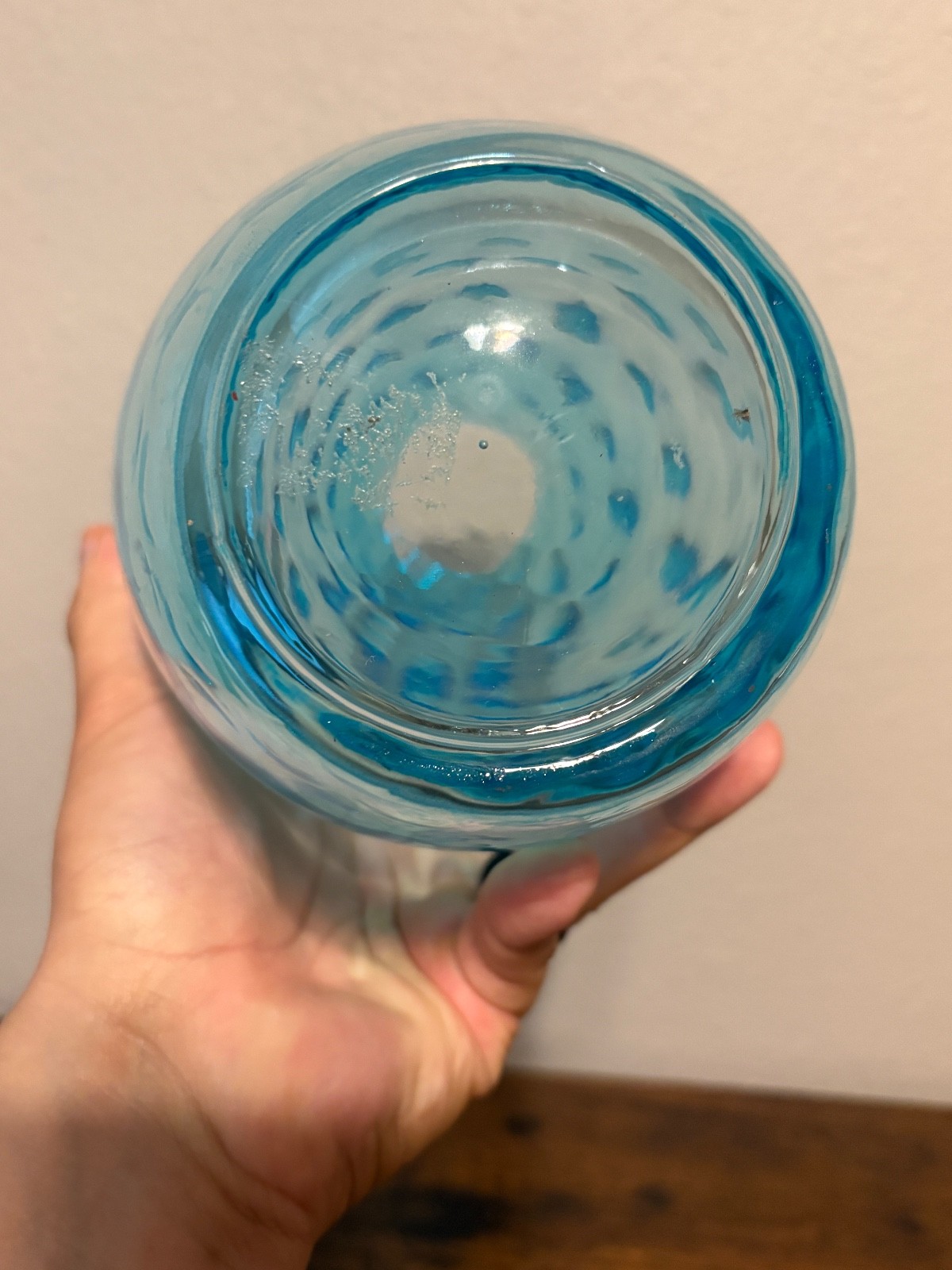 VTG MCM Sklo Union Blue 11.75″H Olives Dot Optic Art Glass Vase
