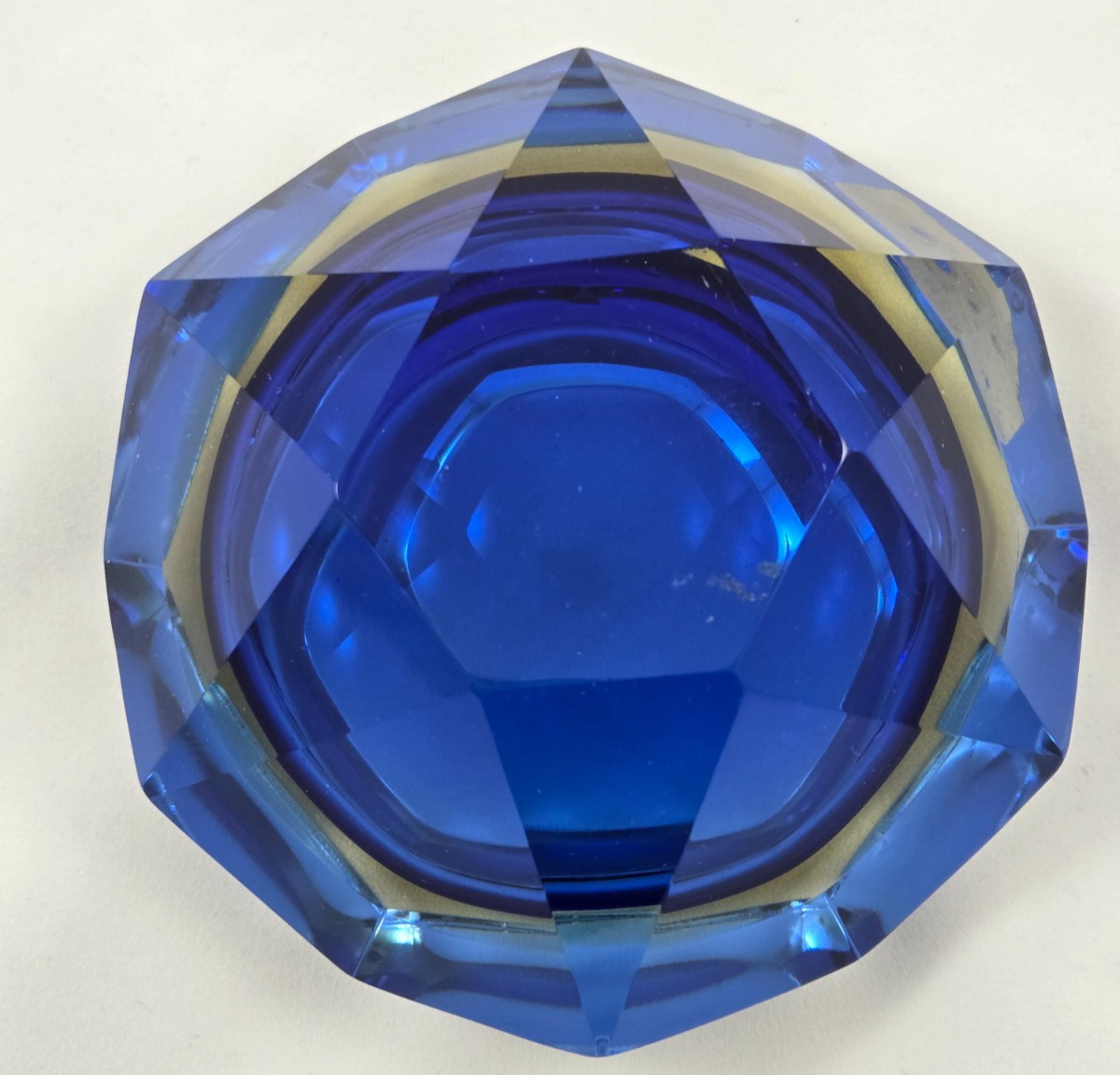 Vintage Murano Italy Faceted Art Glass Bowl Blue Amber Sommerso Label 4.7″