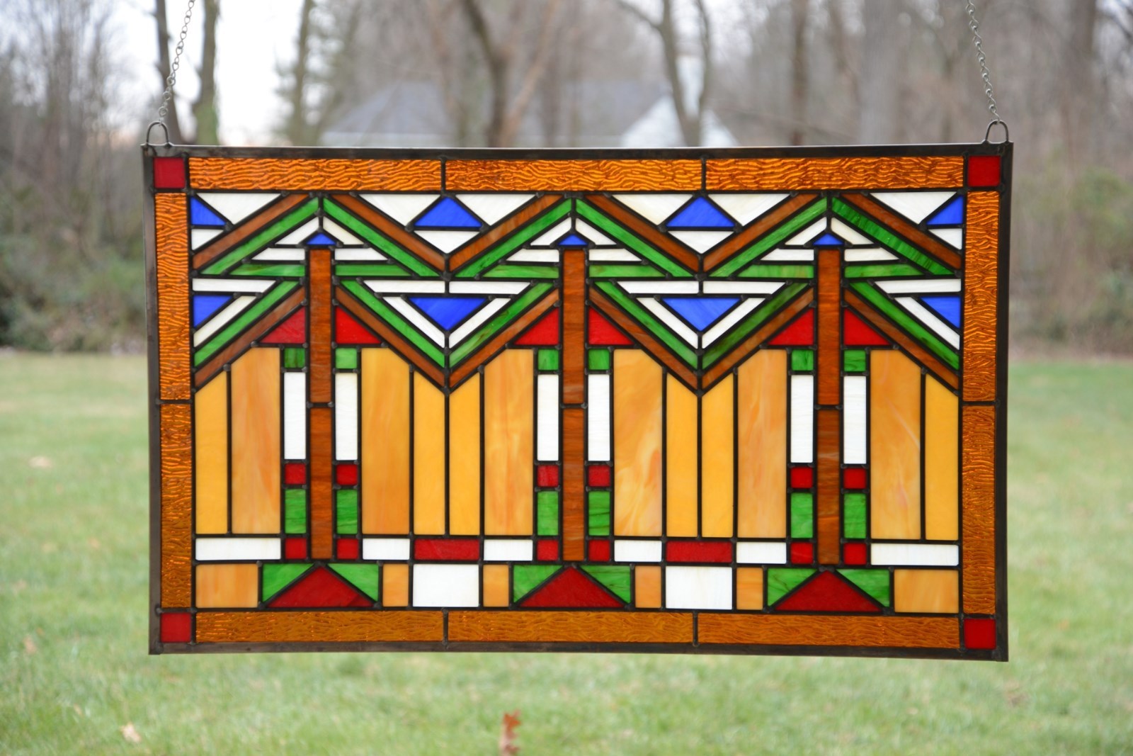 Handcrafted stained glass window panel Mission style panel, 34.5″W x 20.5″H