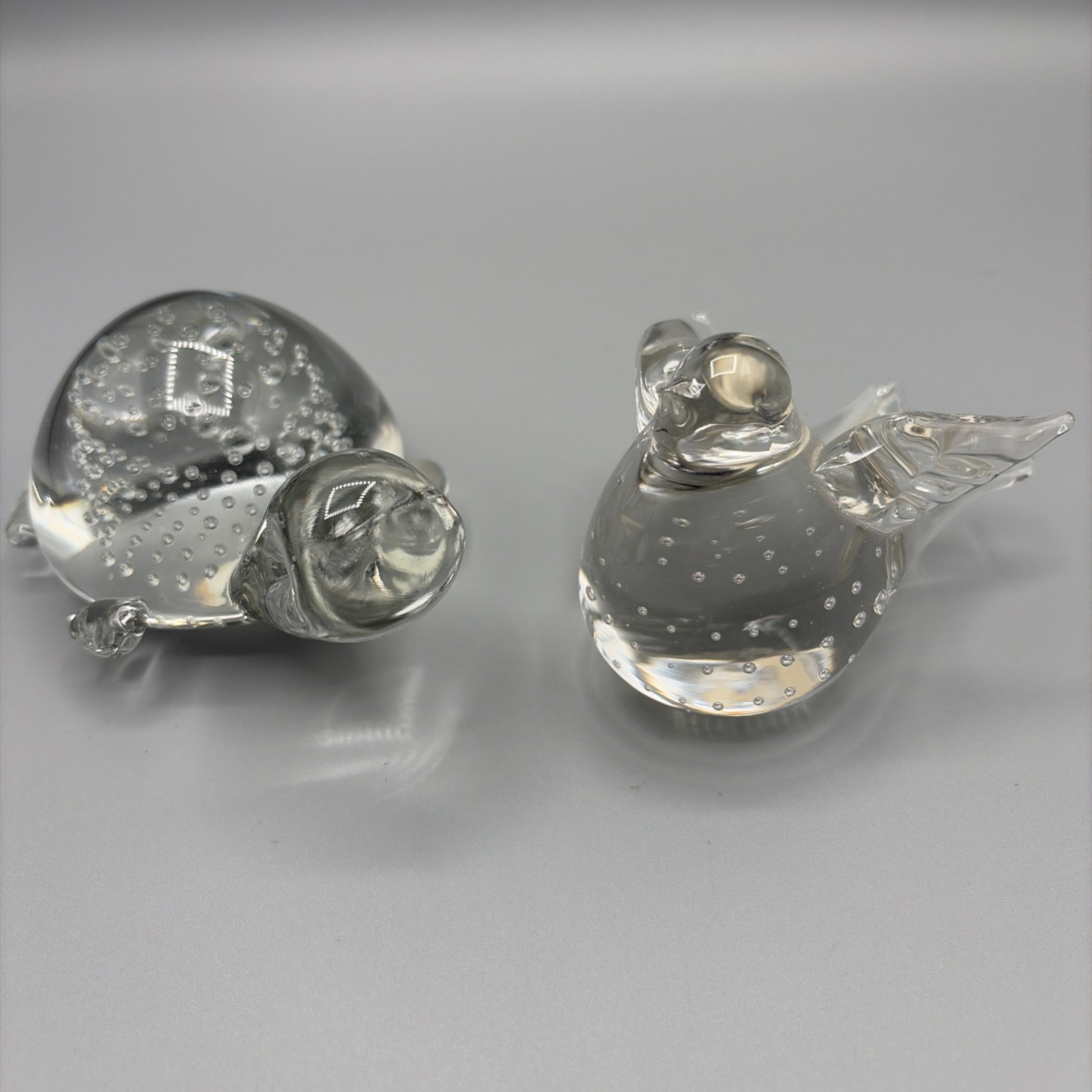 2 Clear Art Glass Controlled Bubble Paperweights – Turtle and Dove Bird