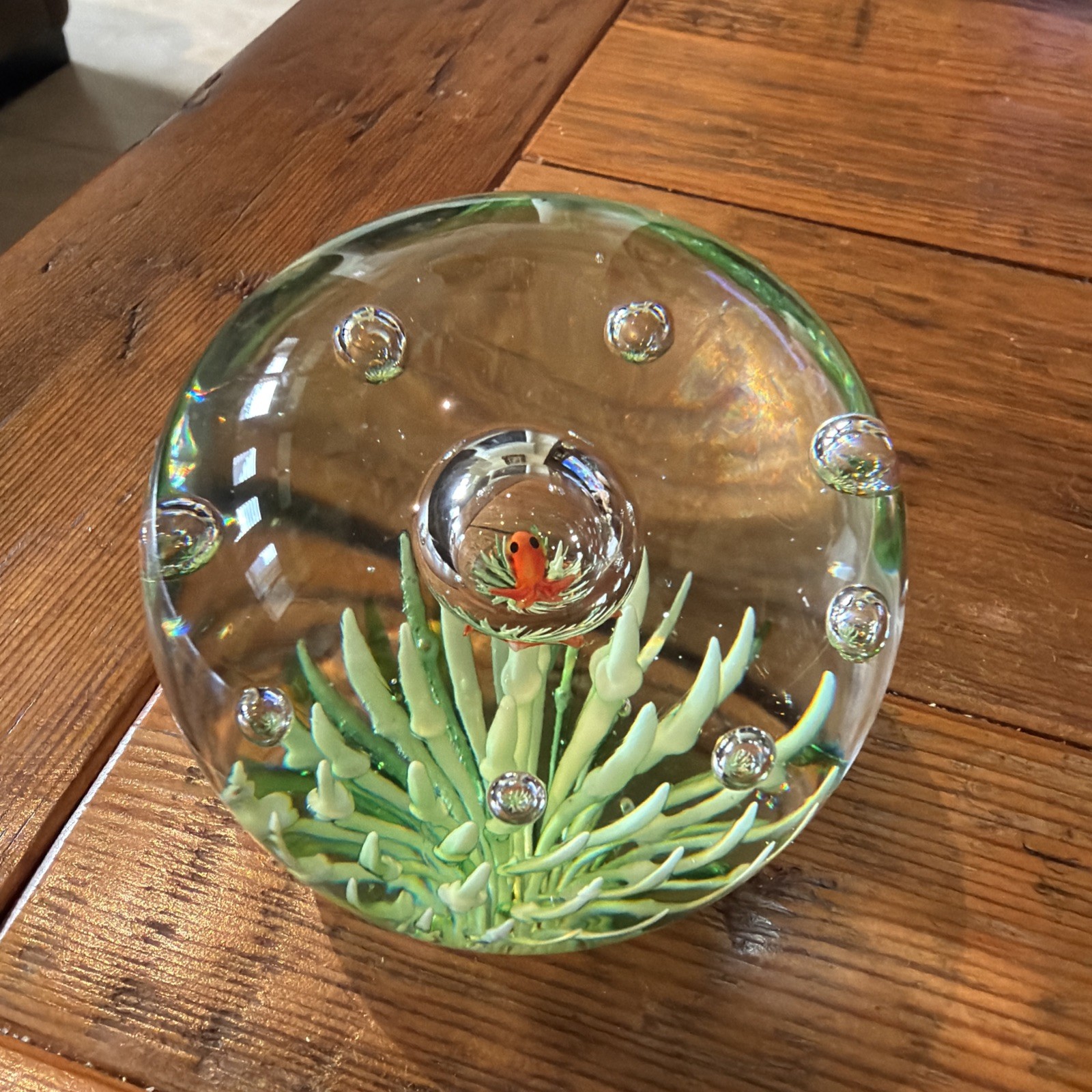 Art Glass Paperweight Elegant Orange & Green with Bubbles, Sea Grass and Squid