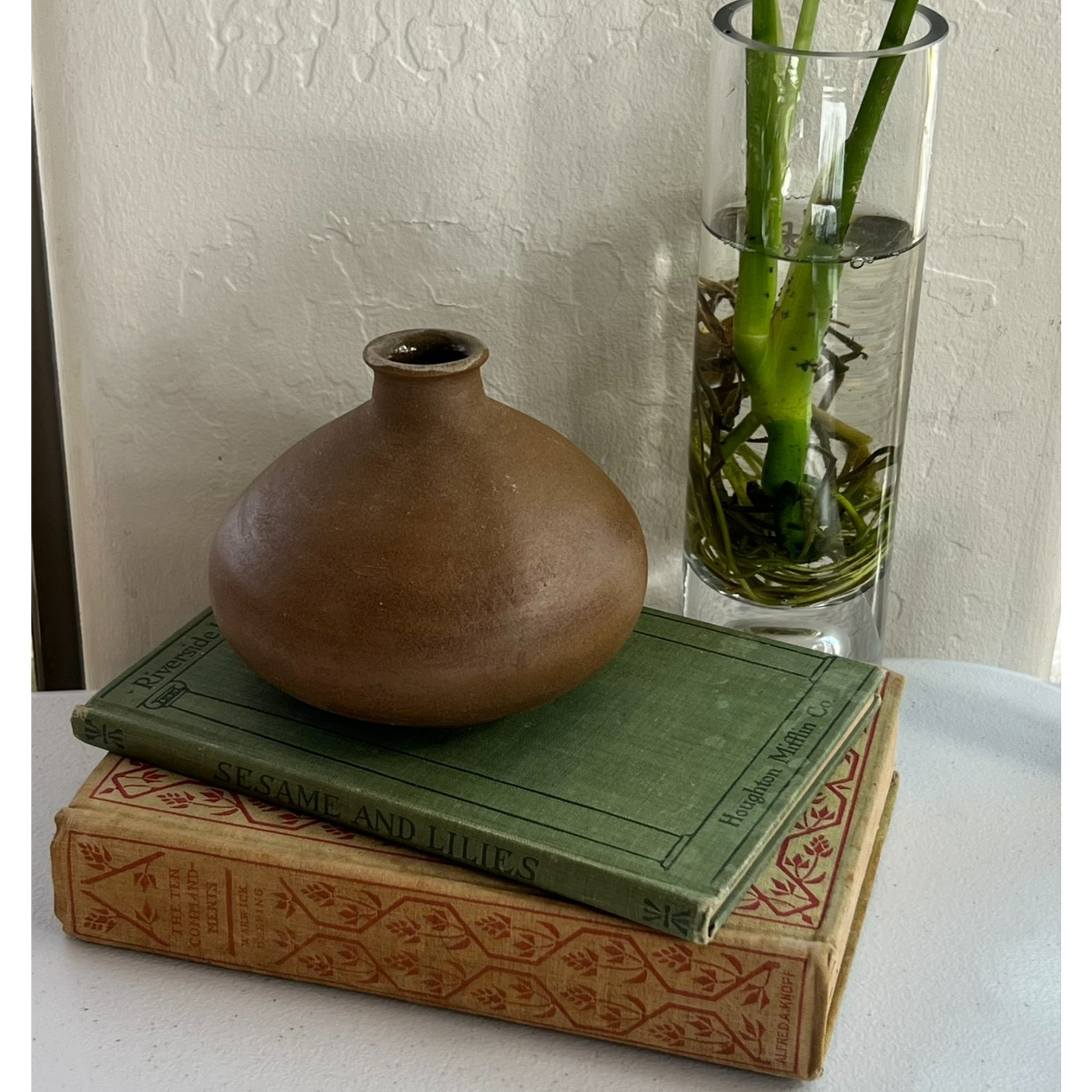 Handmade Vase Clay Brown Round Flat 1989 Signed MKS Vintage