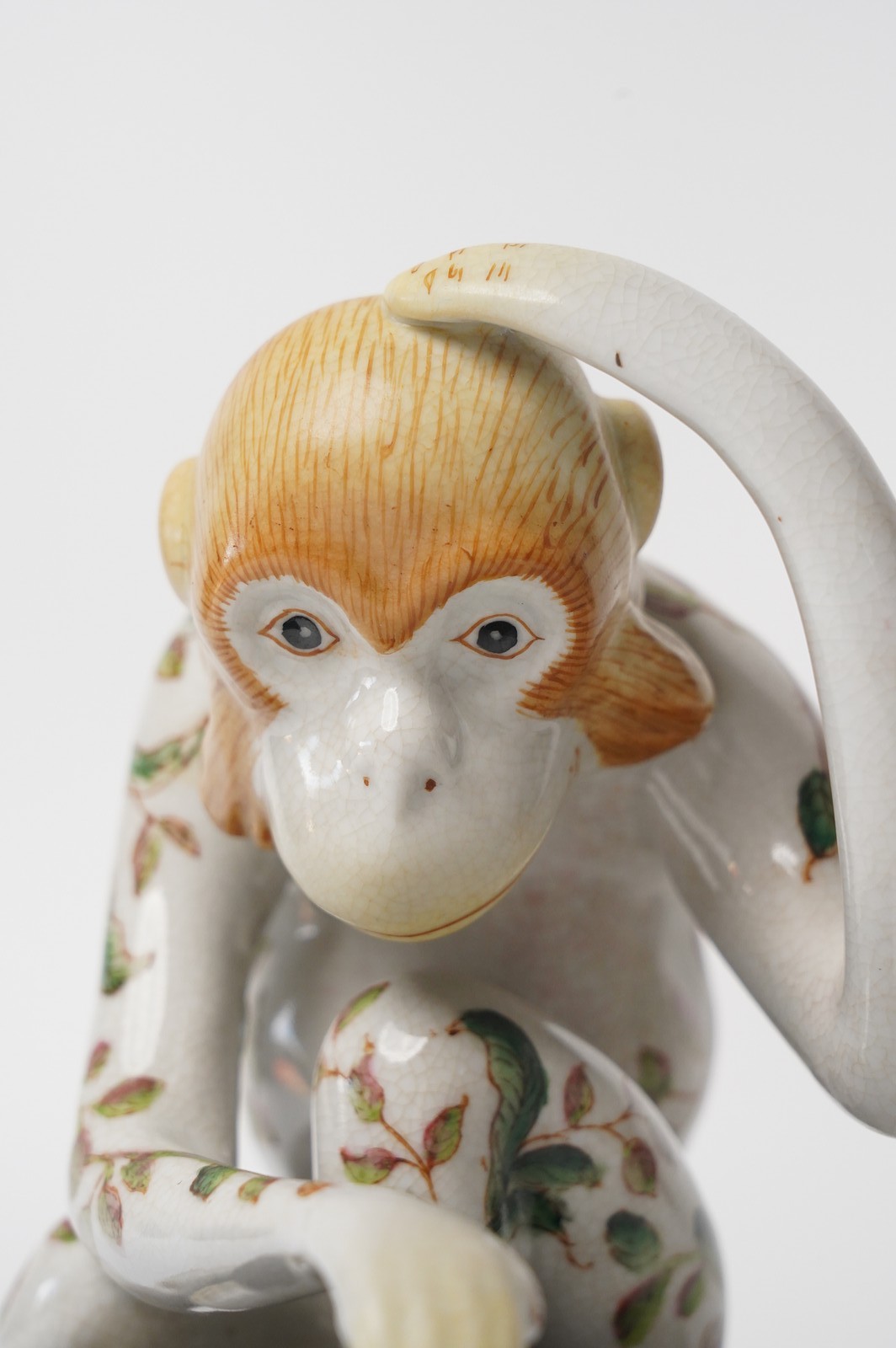 Vintage Chinese Porcelain Monkey Figurine Floral Bird Motif Paperweight