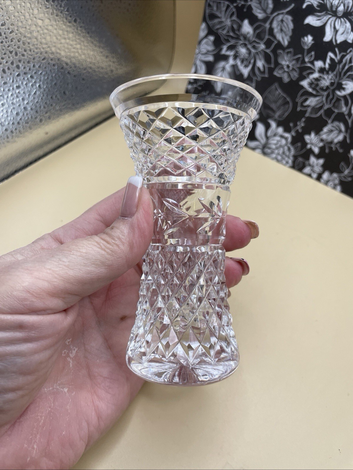 Waterford Lead Crystal Bud Vase Diamond Cut Elegant Corset Design 4.5”t 2.5”d