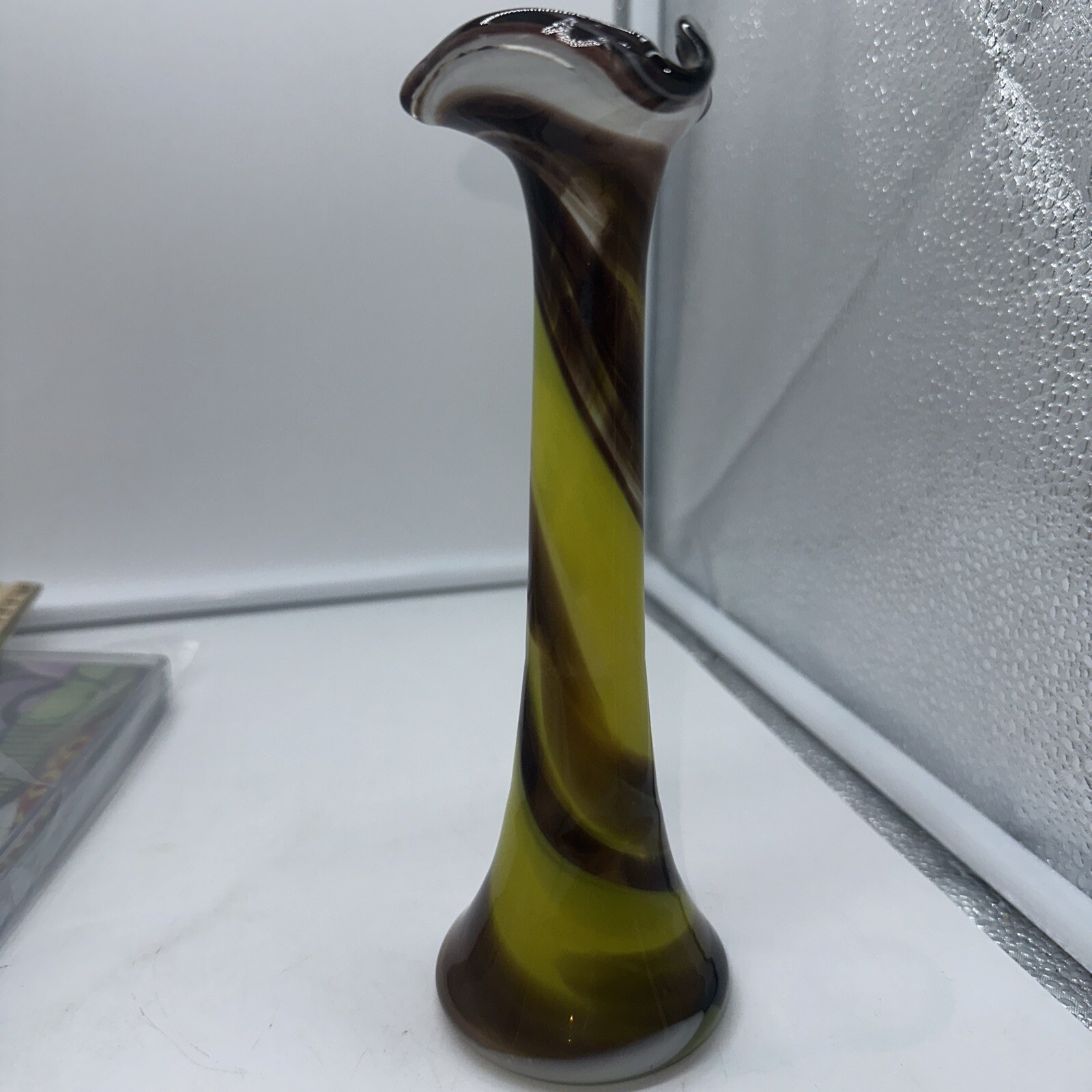 Murano Multi Brown, Green Yellow & White Swirl  Art Glass Vase Vintage