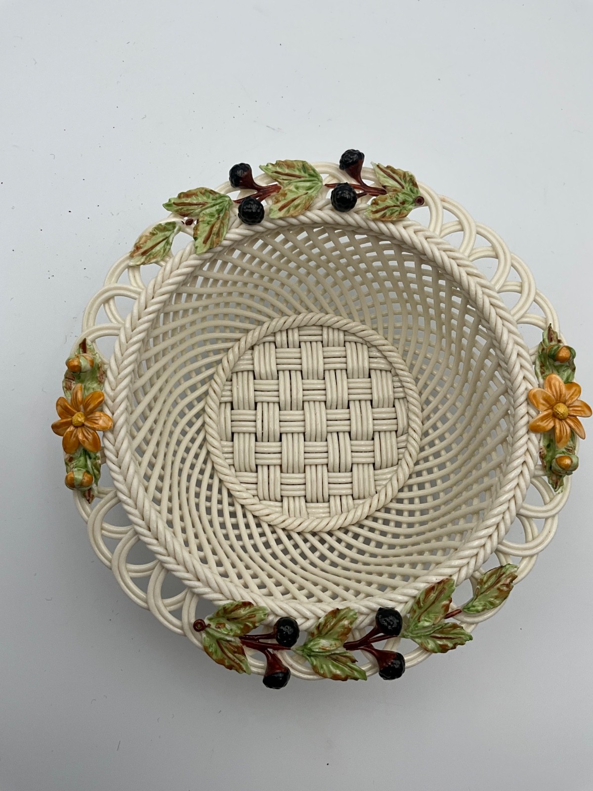 Belleek Autumn 4 Seasons Woven Basket Black Berries & Leaves Yellow Mums