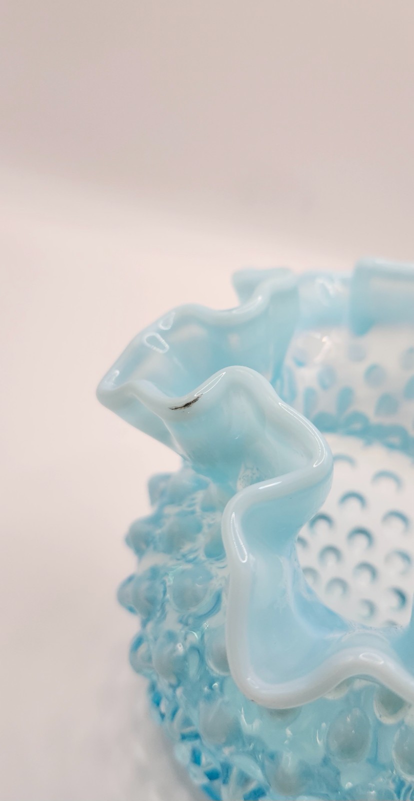 Vtg Fenton Aqua Baby Blue Opalescent Hobnail Ruffled Art Glass Vase 4.5″ AS IS