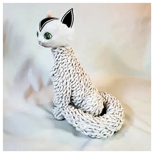 Mid 20th Century “Spaghetti Cat” Hand Painted Italian Glazed Pottery Statue 11″