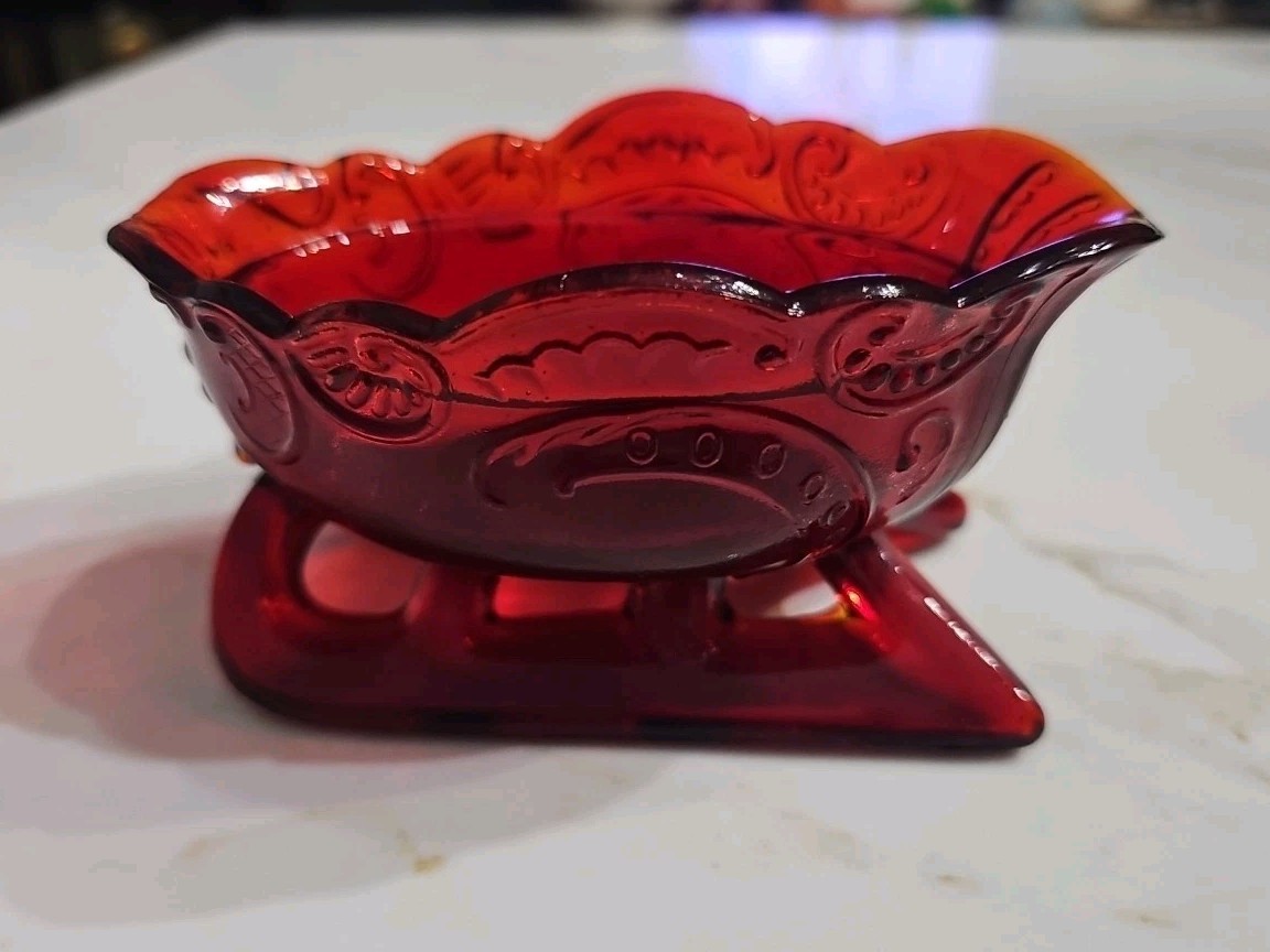 Mosser Ruby Red Santa Sleigh Candy Dish Christmas Holiday USA 5” Marked With M