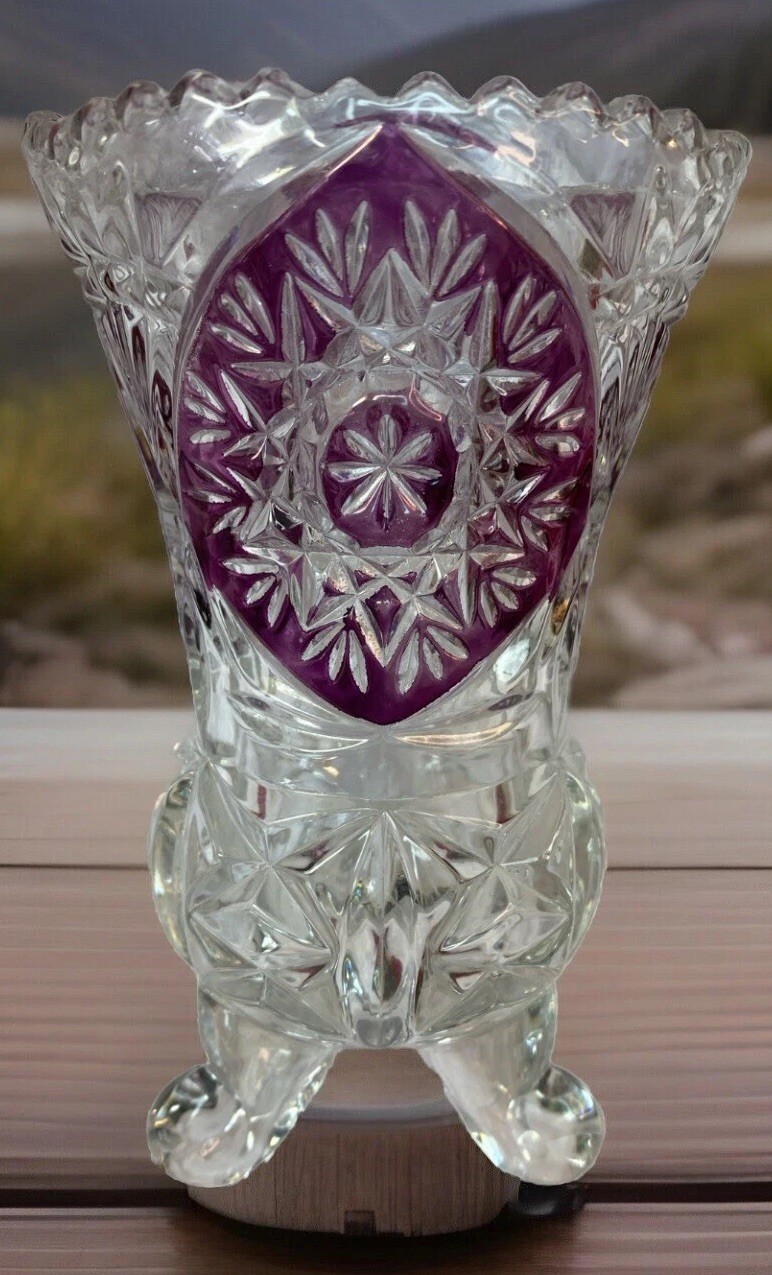 Vintage Anne Hutte German Purple and Clear Lead Crystal Etched Snowflake Vase