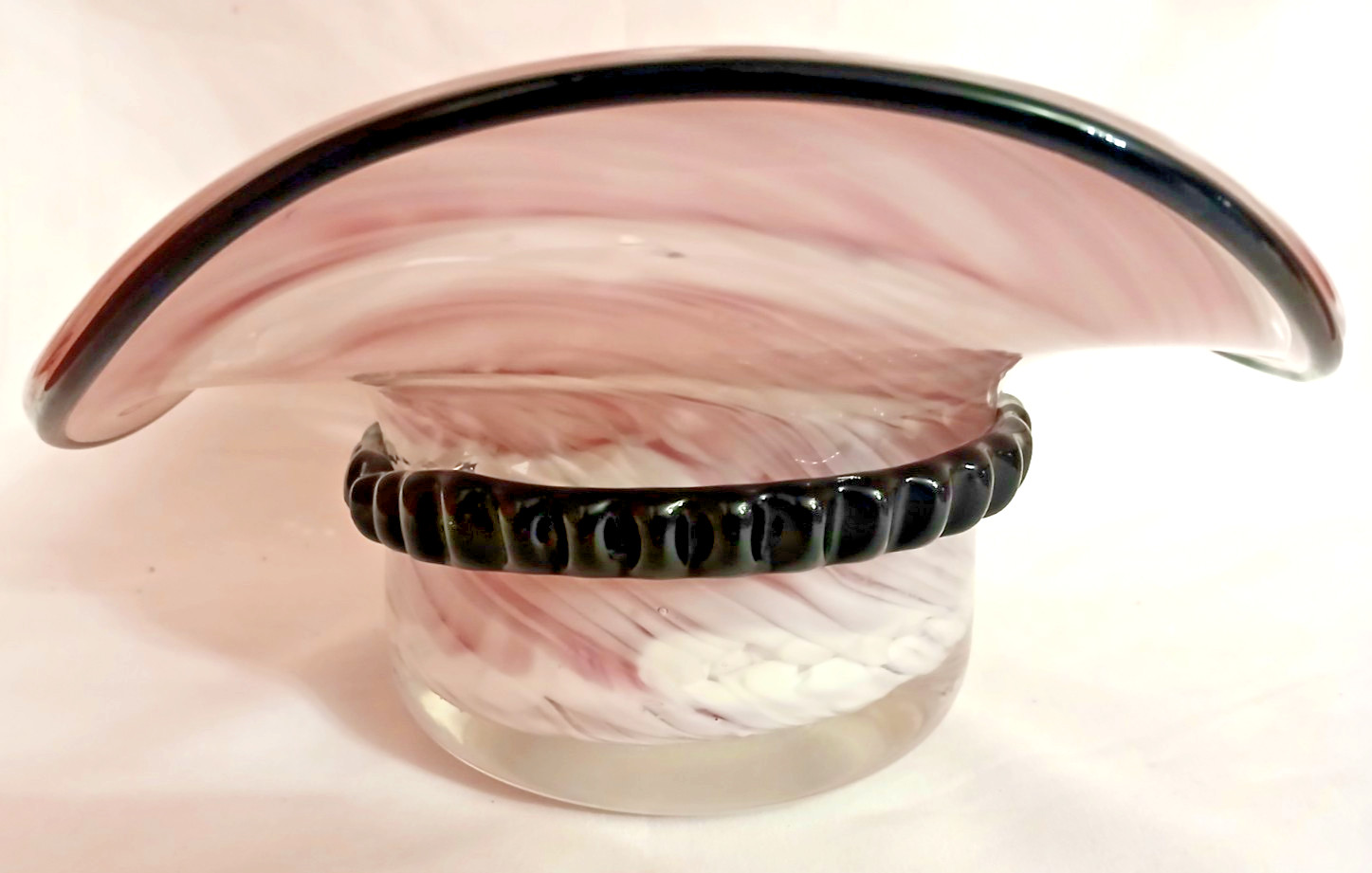 Vintage Murano Style Hand Blown Glass Hat With Pink Purple Swirls Yellow Bow