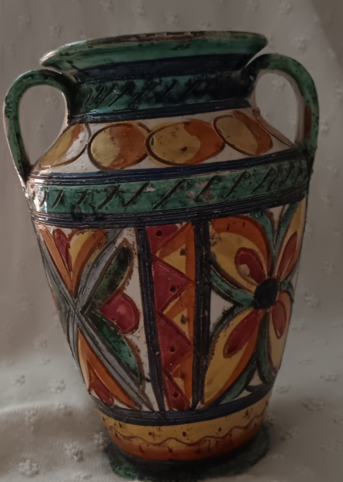 Antique Hand Thrown Mid Century Italian Sgraffito RUSTIC Pottery Vase 9” Signed