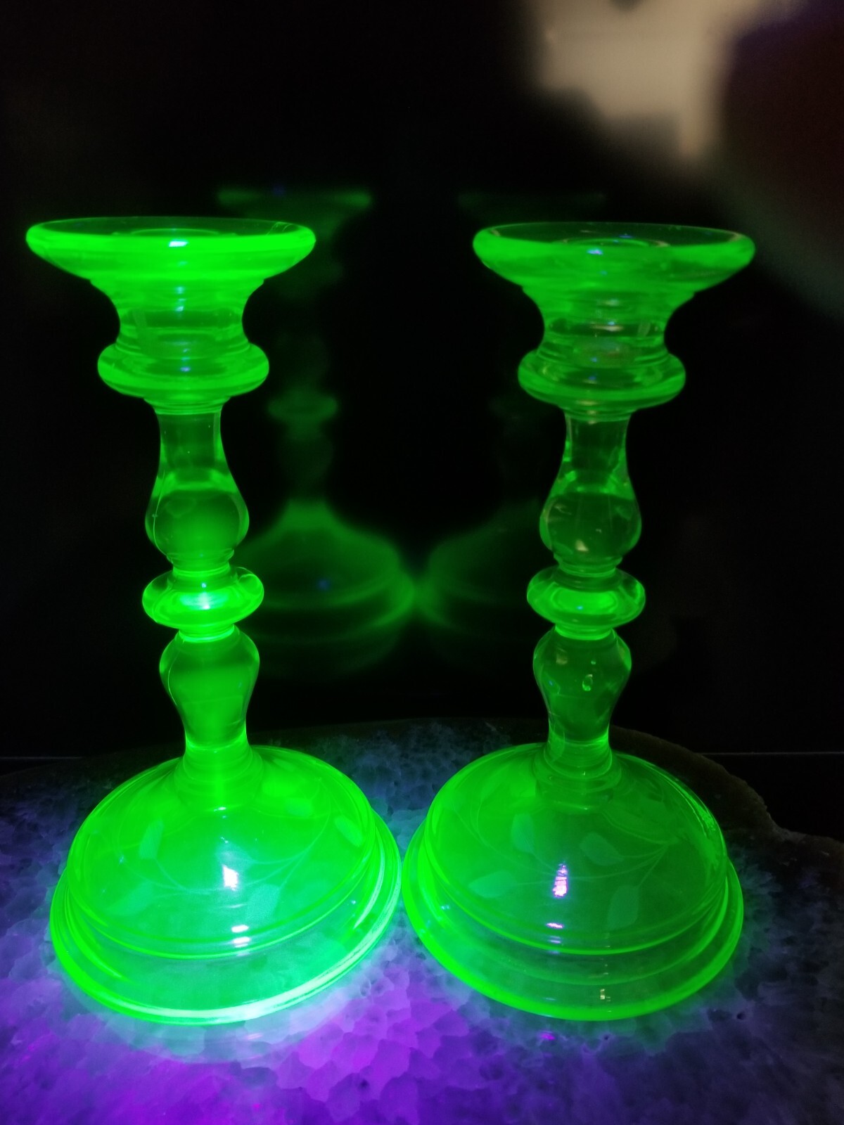 U.S Glass * Candlestick Pair * Green Uranium * Wheel Cut Floral * 8 1/4″ * 0476