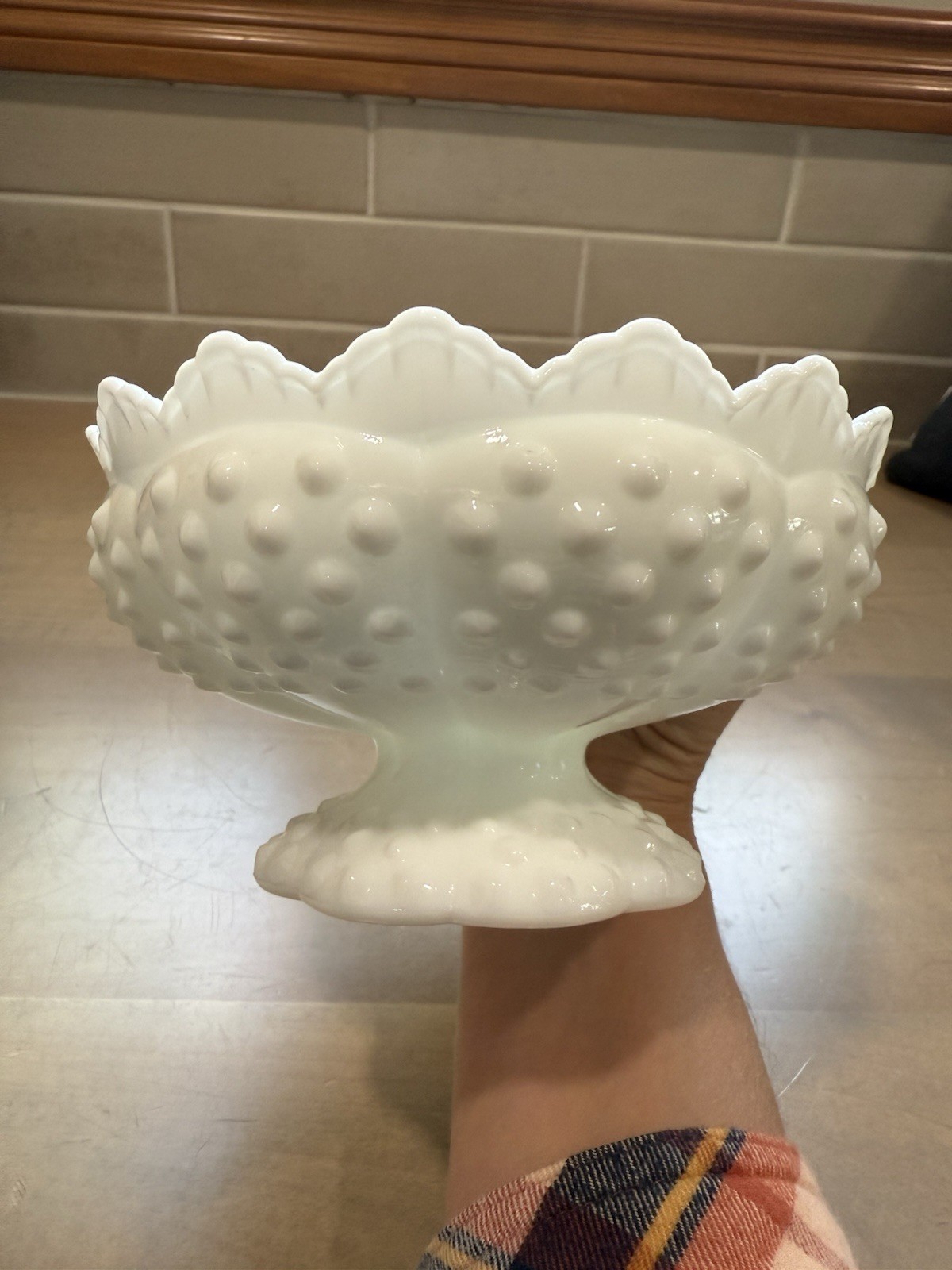 Fenton White Milk Glass Hobnail 5 Candle Centerpiece on Pedestal Laced Edges