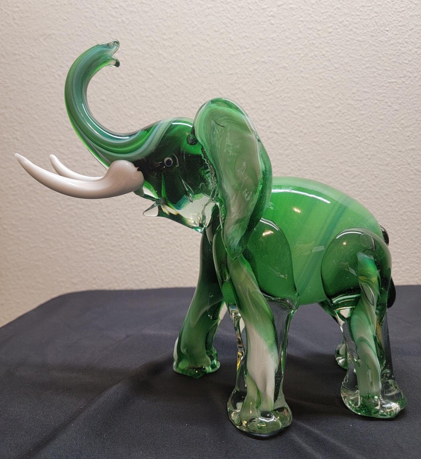 Vtg Hunter Green White Glass Elephant Trunk Up Tusk Figurine Murano Luck Fortune