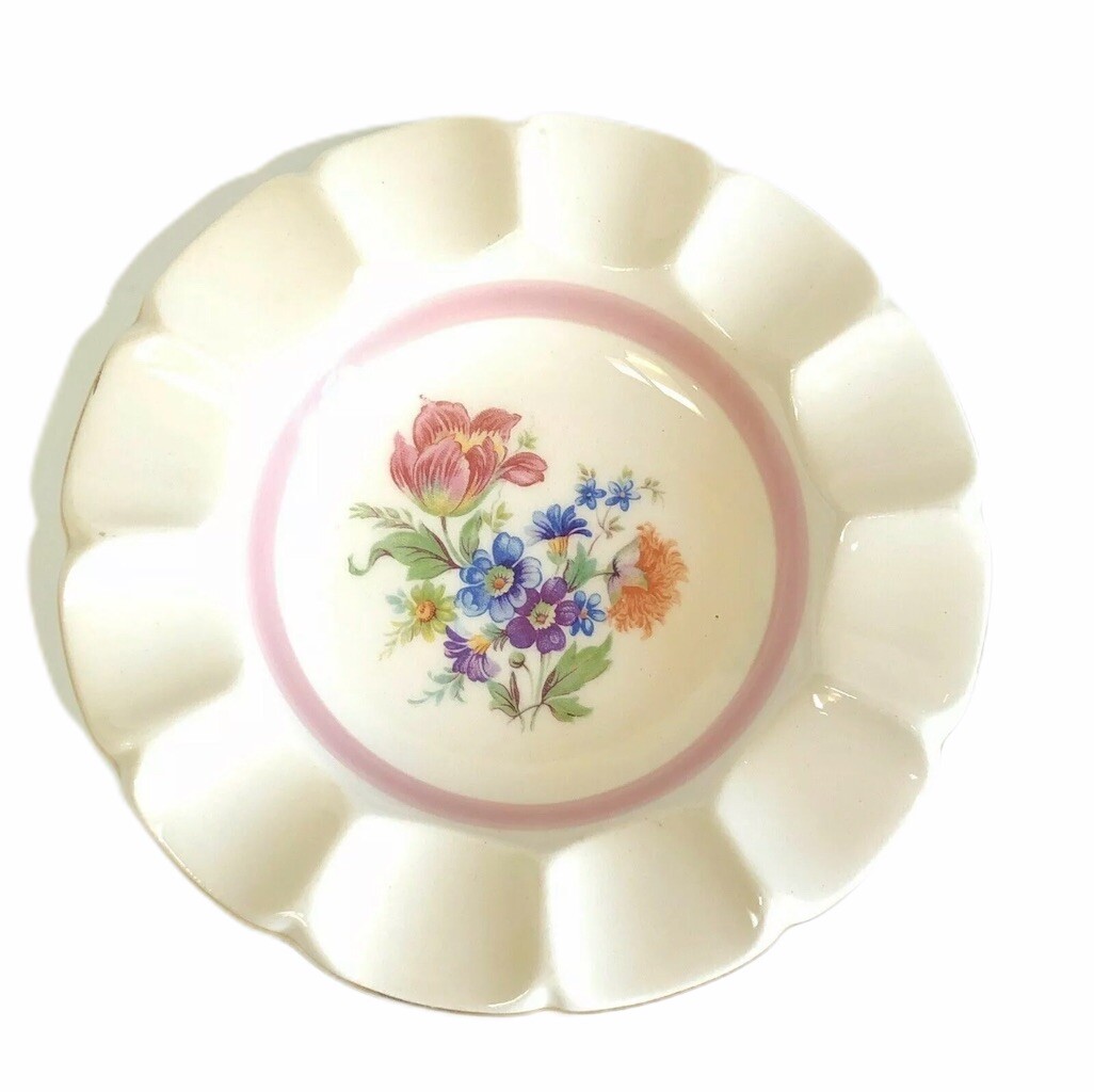 E&R American Artware Ashtray Trinket Dish Wild Flowers Pink Band