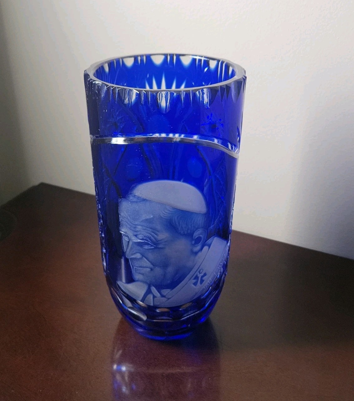 Cobalt Blue Cut To Clear Glass Vase Pope John Paul Bohemian Style 9.75″