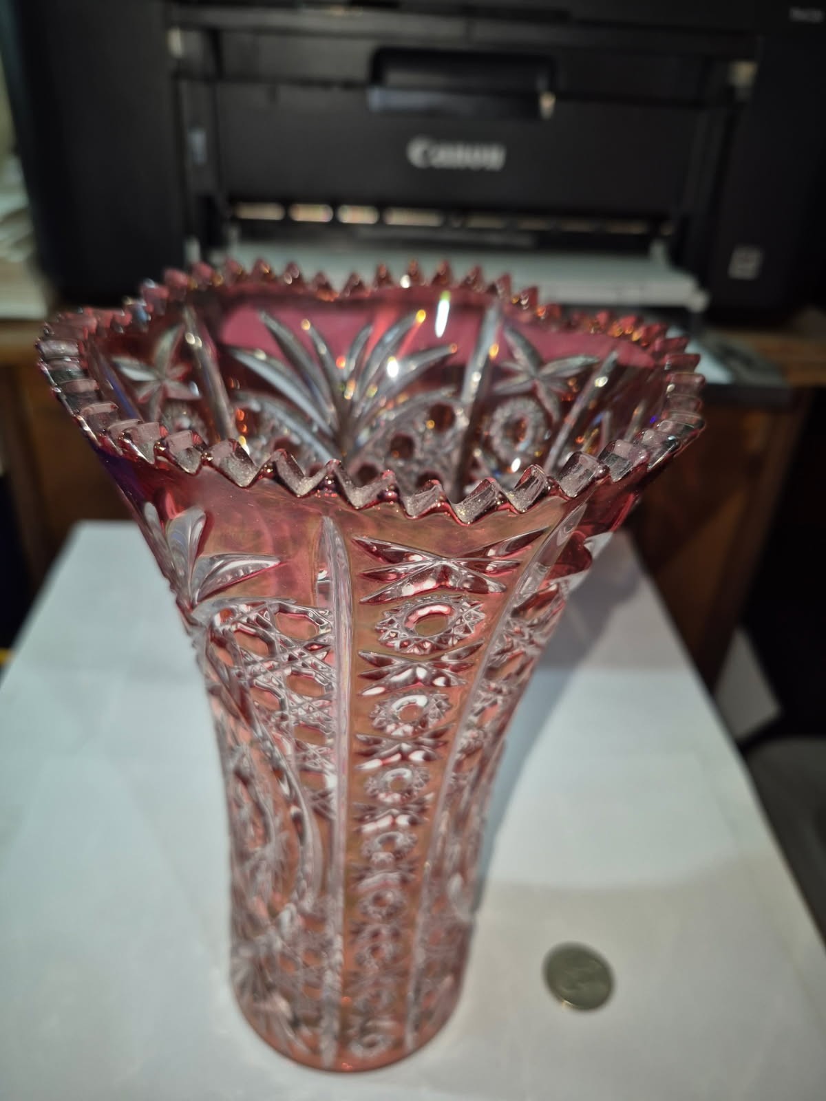 Ruby Red Cristal D Arques Durand Chesney Cut to Clear Crystal 8.5″ Vase DDD
