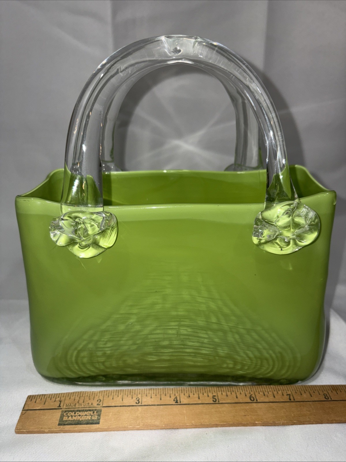 Murano Style Art Glass Hand-Blown Purse Bag with Handle Vintage Rare Green