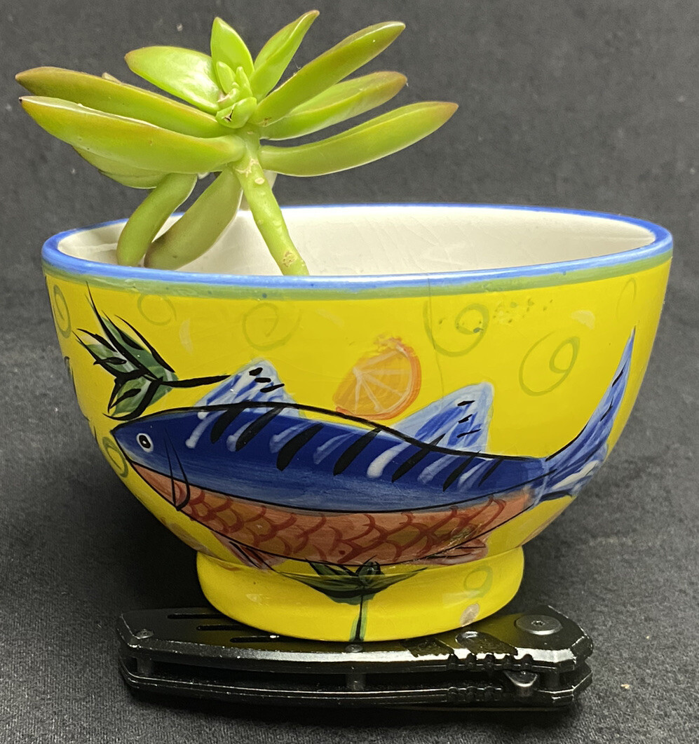 Ceramic Soup Bowl Plantar Yellow with Blue Fish 5 inch diameter