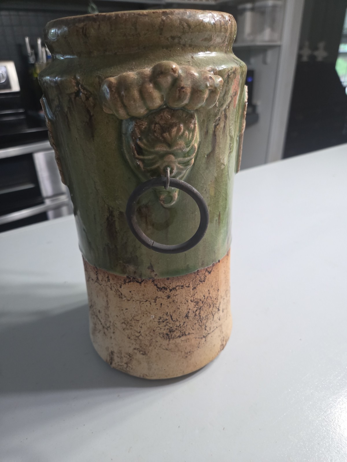 Hosley Pottery Half Glaze Vase With Fleur De Lis