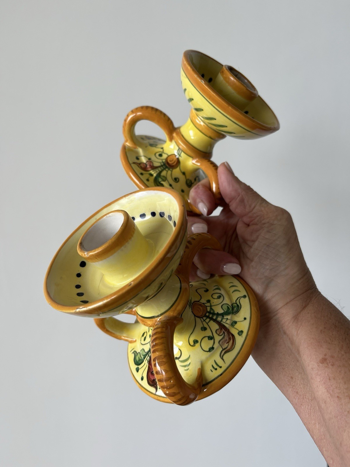 Pair of Vintage Cellini Italy Candlesticks, Hand-Painted Ceramic Pottery #803