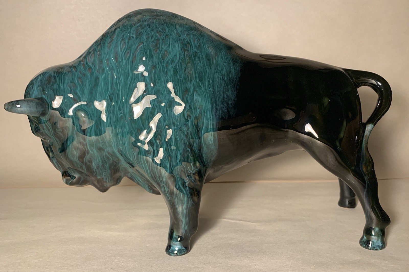 Blue Mountain Pottery Bison Buffalo BMP Canada Blue Green Drip Glaze Ceramic Art