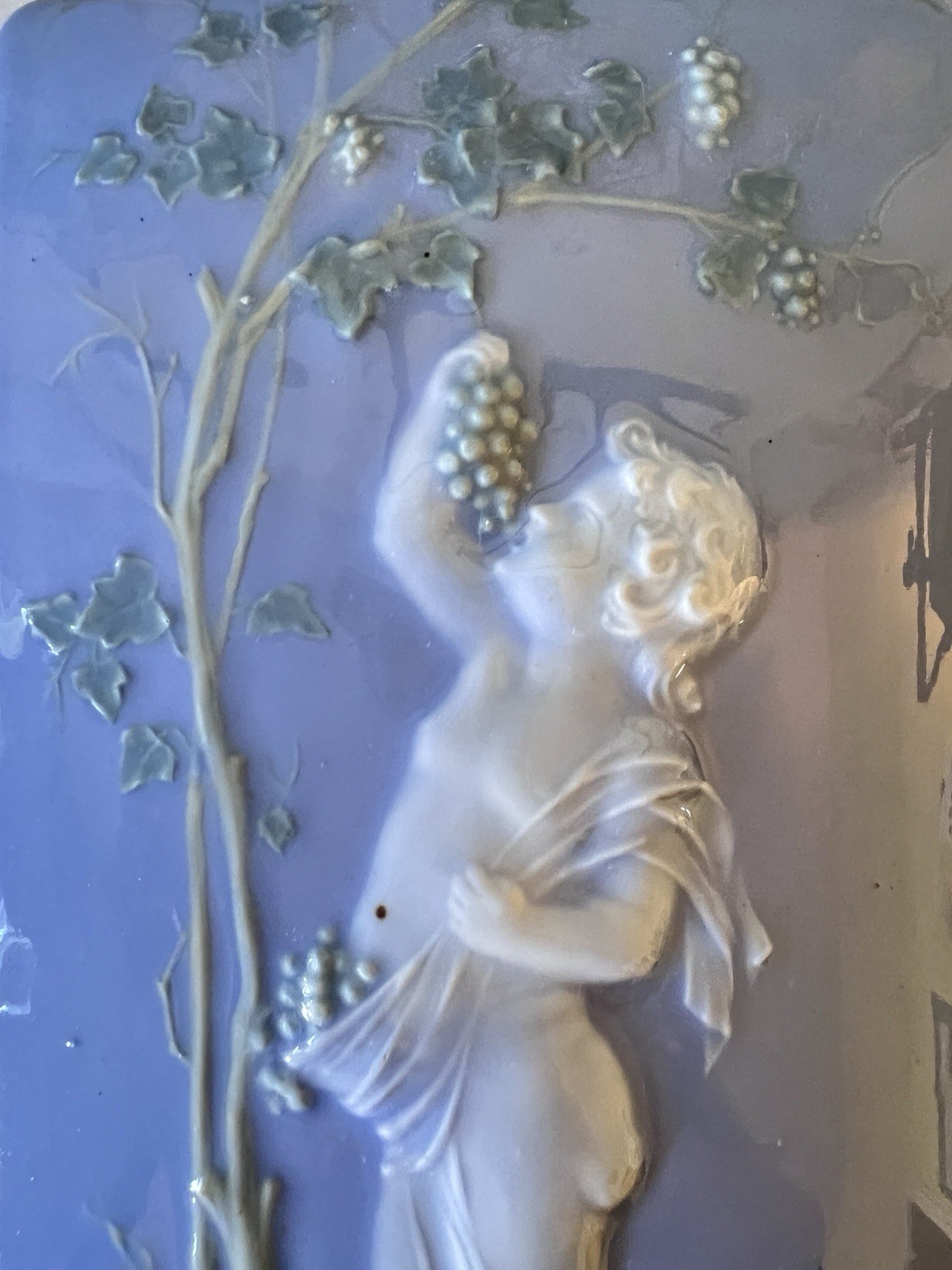 c. 1910 Early Vintage Cherub Gathering Grapes High Gloss Arched Decorative Tile