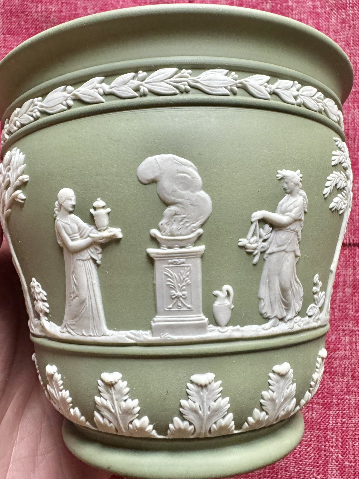 Wedgwood Green Jasperware Plant Pot Planter Classical Scenes – 4 1/2 In