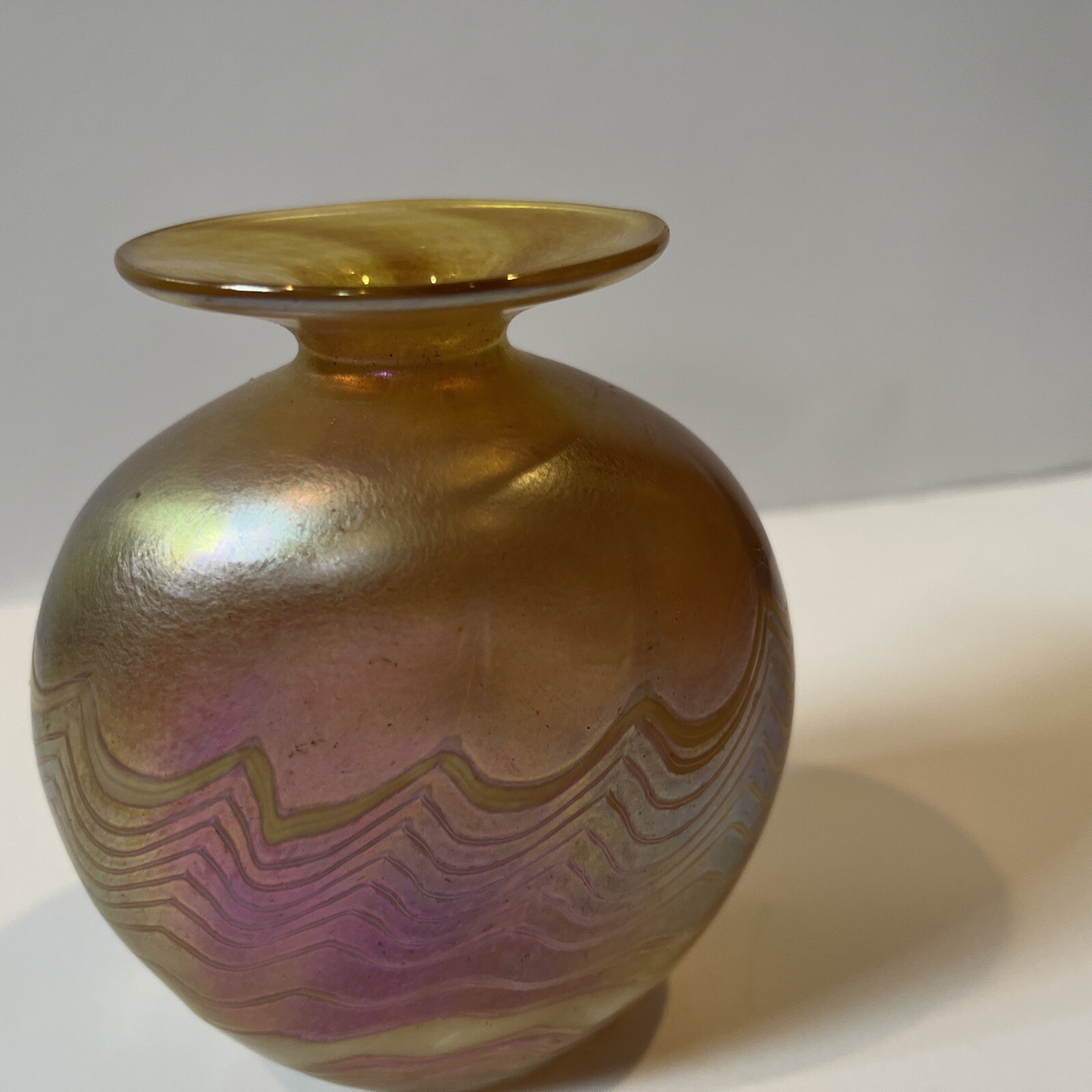 Vintage Art Glass Vase Signed Robert Held Yellow Purple Iridescent 4.5” Canada