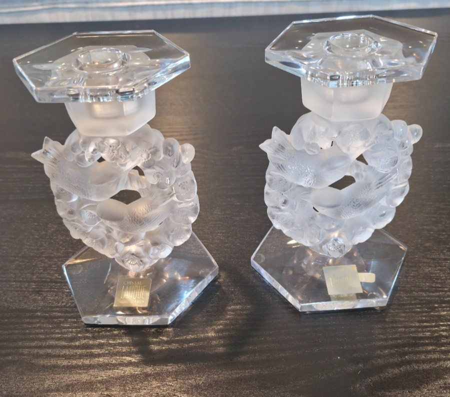 Pair of Lalique Mesanges Frosted Crystal Bird Candleholders with Bobeches
