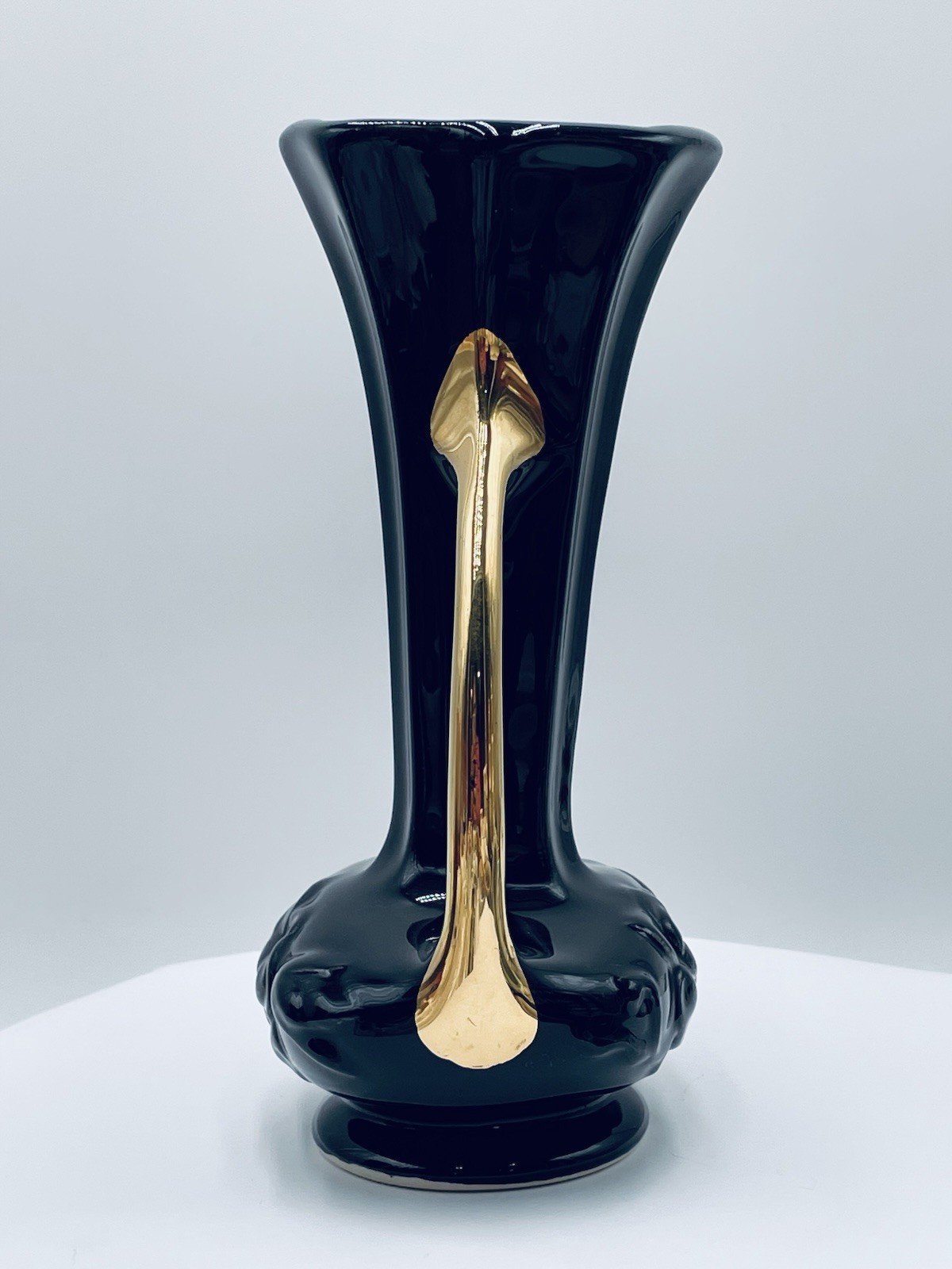 VTG Glossy Black Gold Double Handle Urn Vase Raised 3D Rose Octagon Deco MCM 8″
