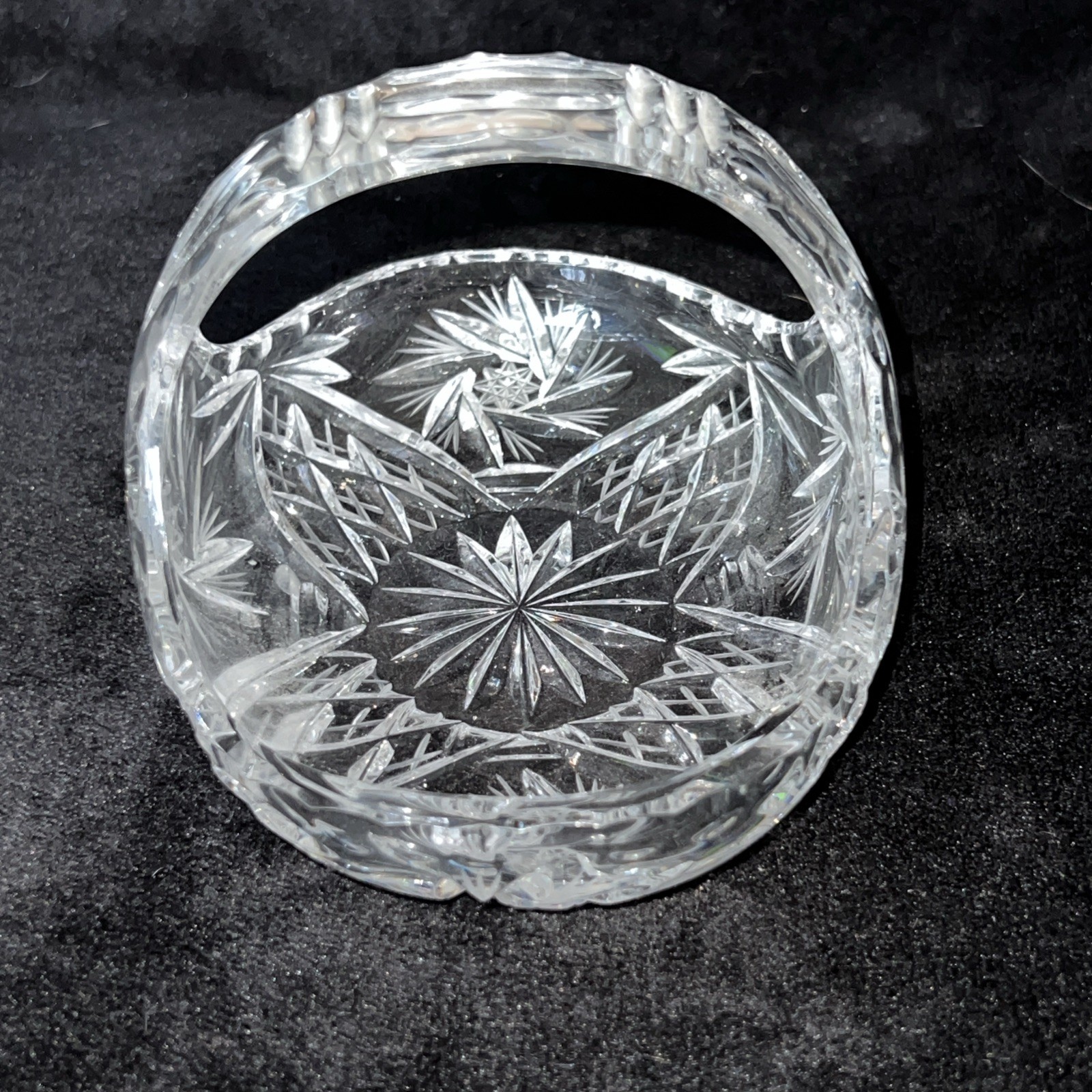 Vintage Cut Glass Crystal Basket with Handle ~ 16cm x 12cm