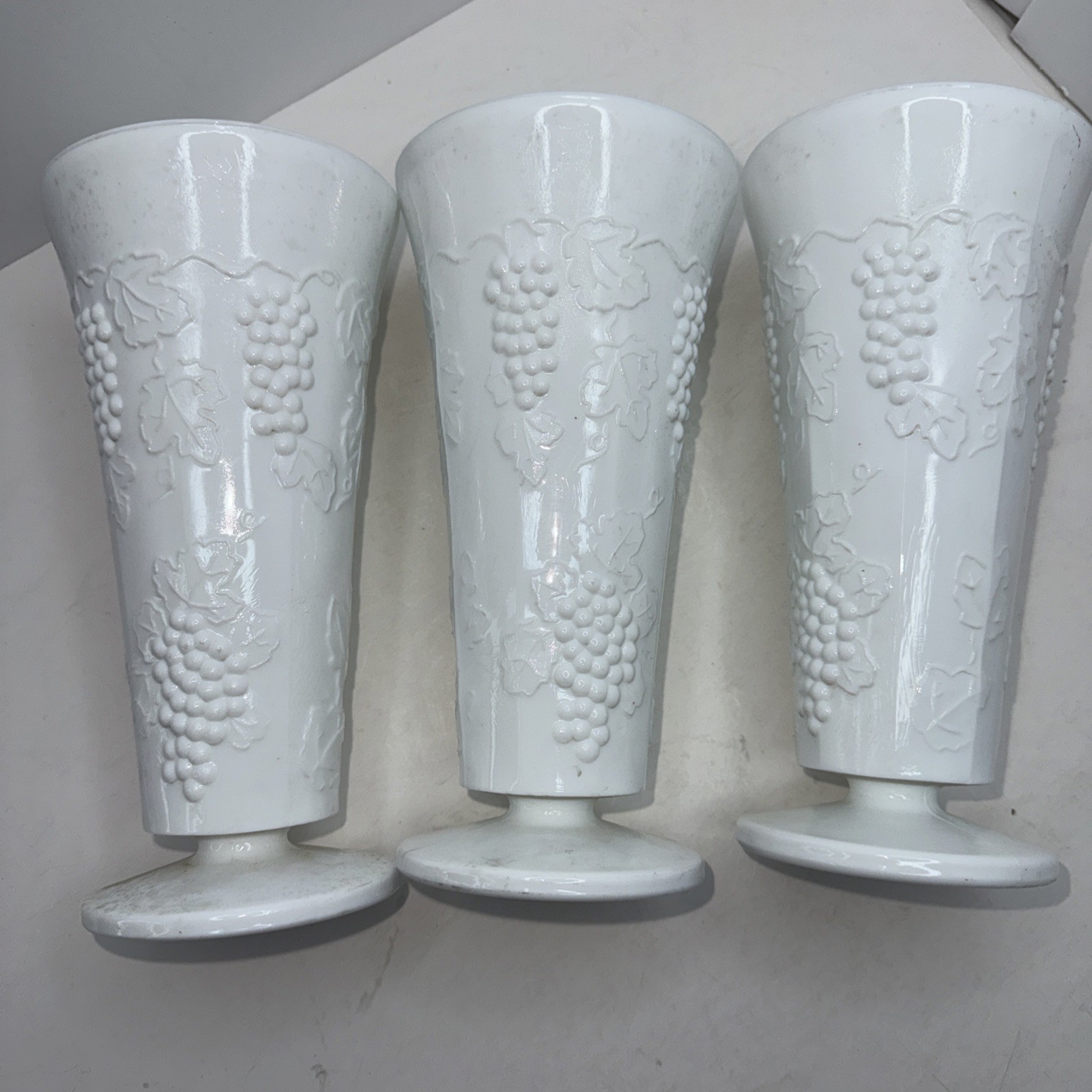 3 Vintage Indiana White Milk Glass Colony Harvest Grape & Leaf Vases 7 3/4” Tall