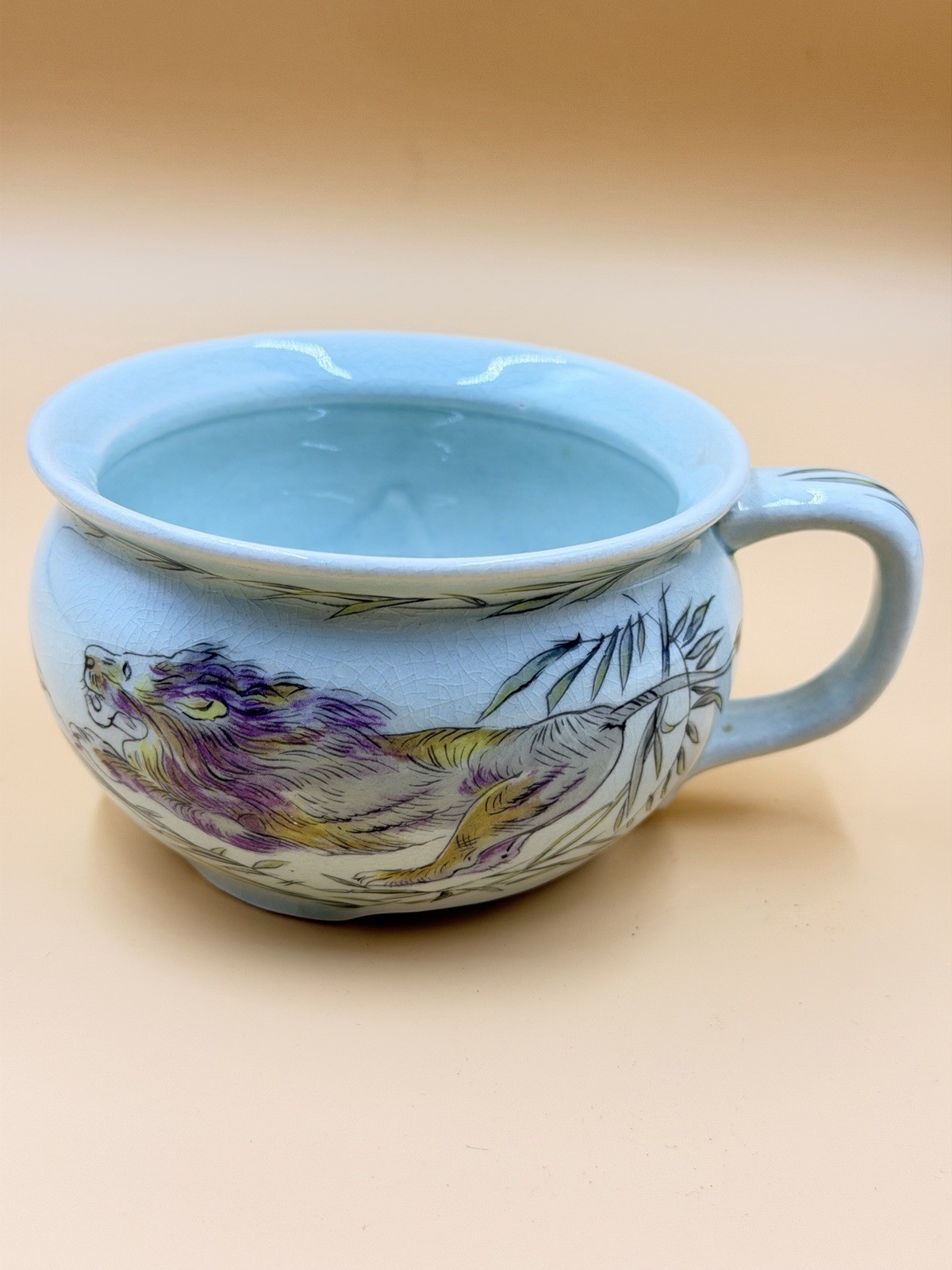 Mohawk Lion Pottery Mug Pale Blue Art Shave Mug Vintage Lion